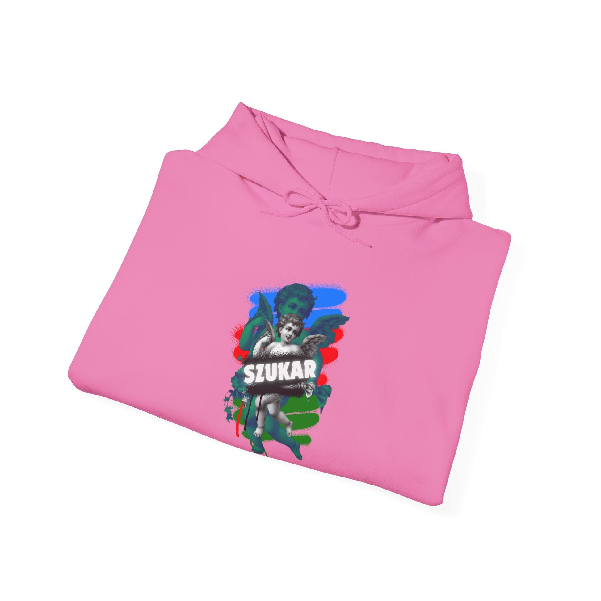 Minimalist PINK hoodie with white SZUKAR ROMA print and angel motif