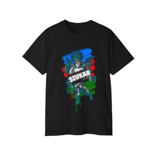 T-shirt displaying a divine angel in a protective stance with flowing robes, centered with the text 'SZUKAR ROMA' in refined lettering.