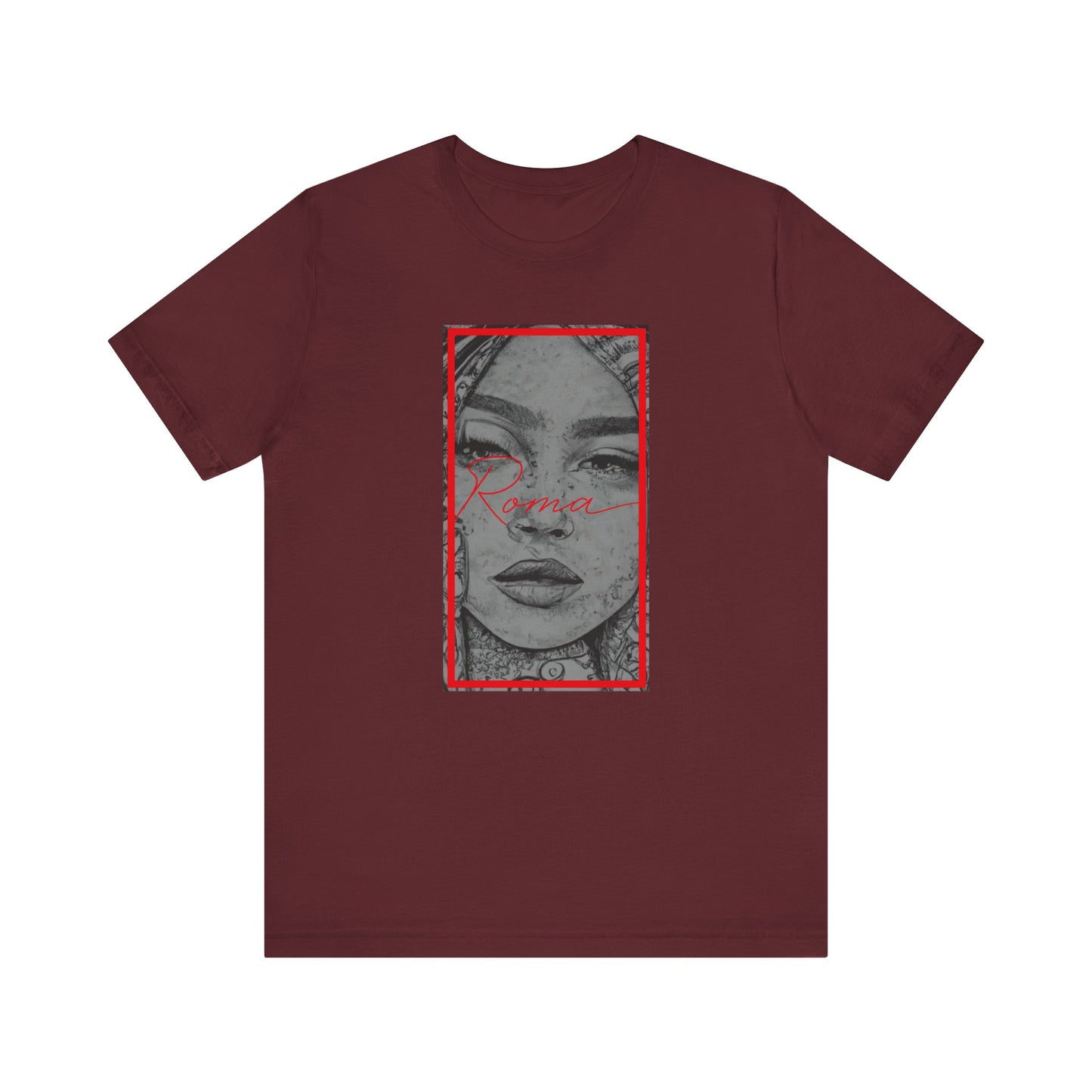 T-shirt design with GADJO in serif letters, framed by olive branches and traditional Roma motifs.