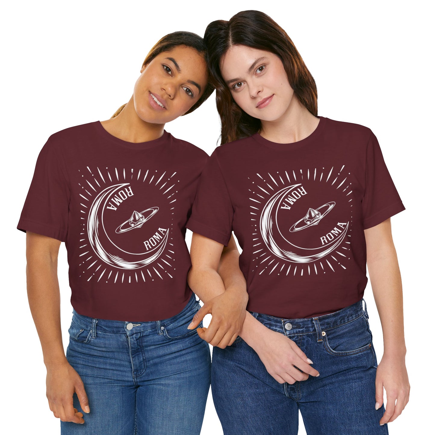 Maroon Vibrant red tee with artistic half-moon detail and signature ROMA statement.shirst Roma designs