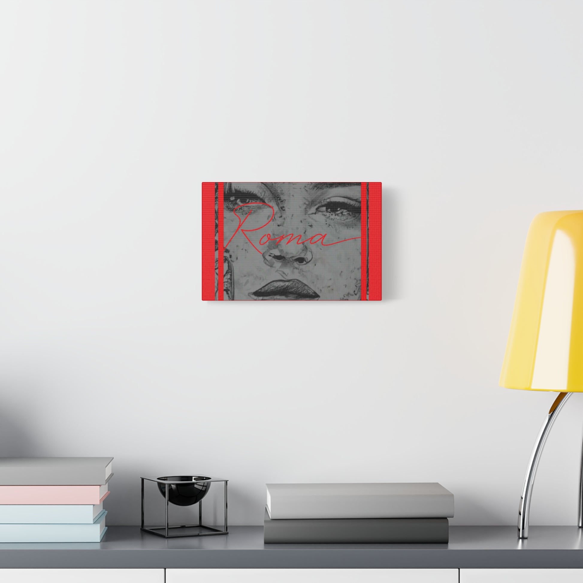 Soft-toned wall canvas capturing a girl’s raw emotion in close view, with ROMA text flowing gently across the design.