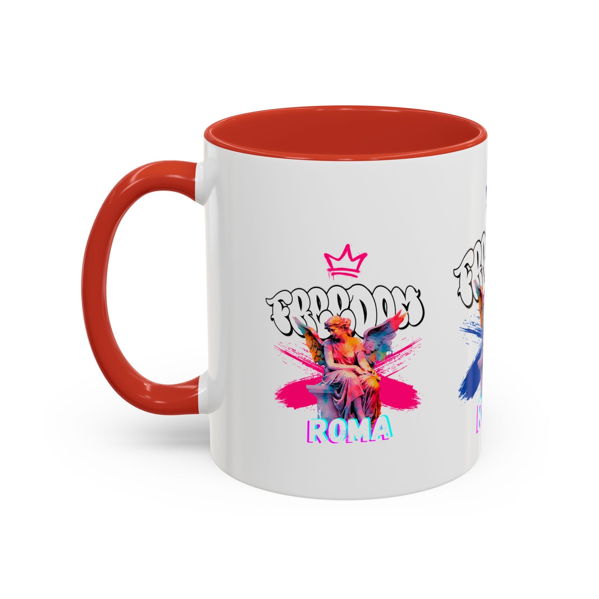 Orange mug with handle and heat-sensitive lip rim, featuring angel design and ROMA text