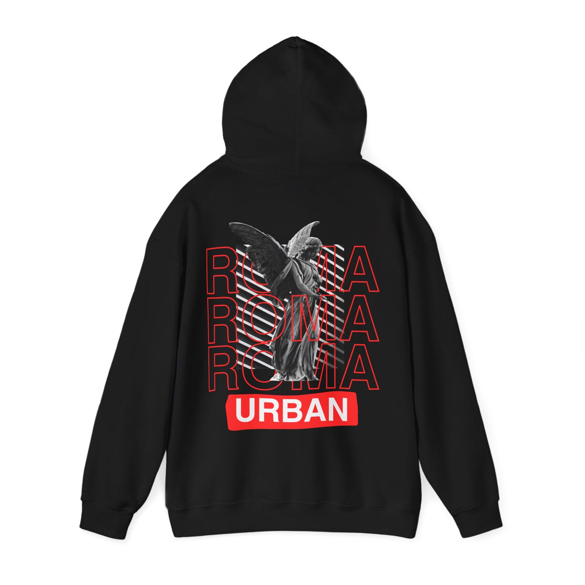 Edgy black hoodie featuring statue-embedded ROMA typography and street-lifestyle “URBAN” note beneath.
