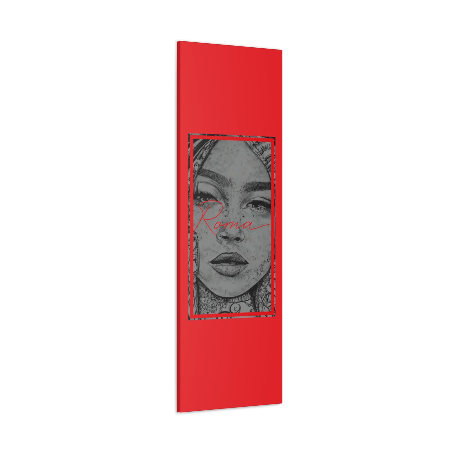 A striking wall canvas showing a tear-streaked portrait of a girl with urban-style ROMA text.