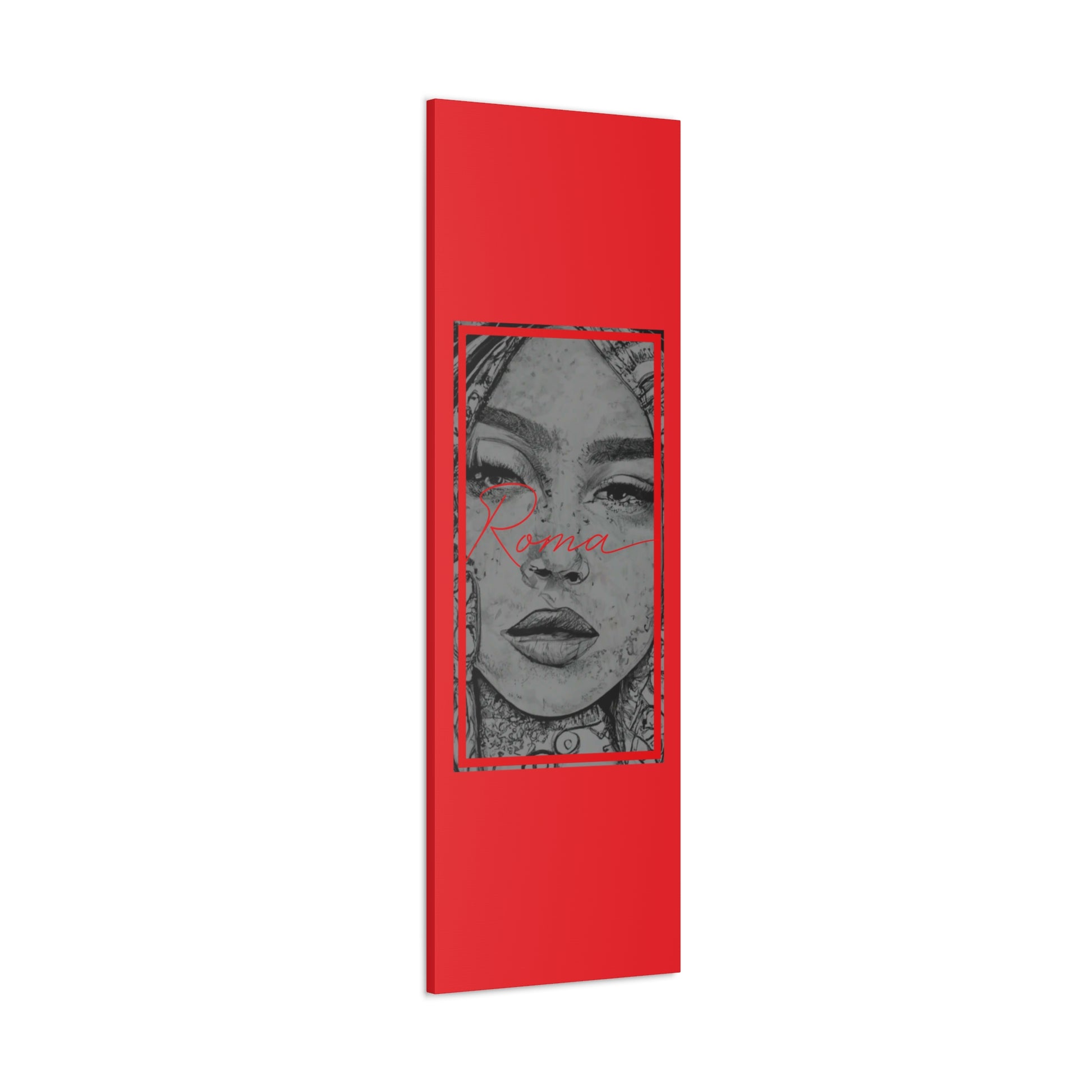 A striking wall canvas showing a tear-streaked portrait of a girl with urban-style ROMA text.