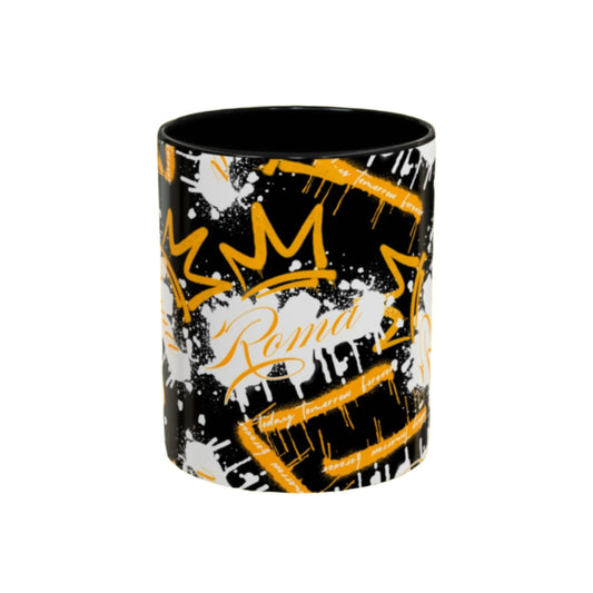 White mug featuring ROMA text in sharp, clean sans-serif font.
