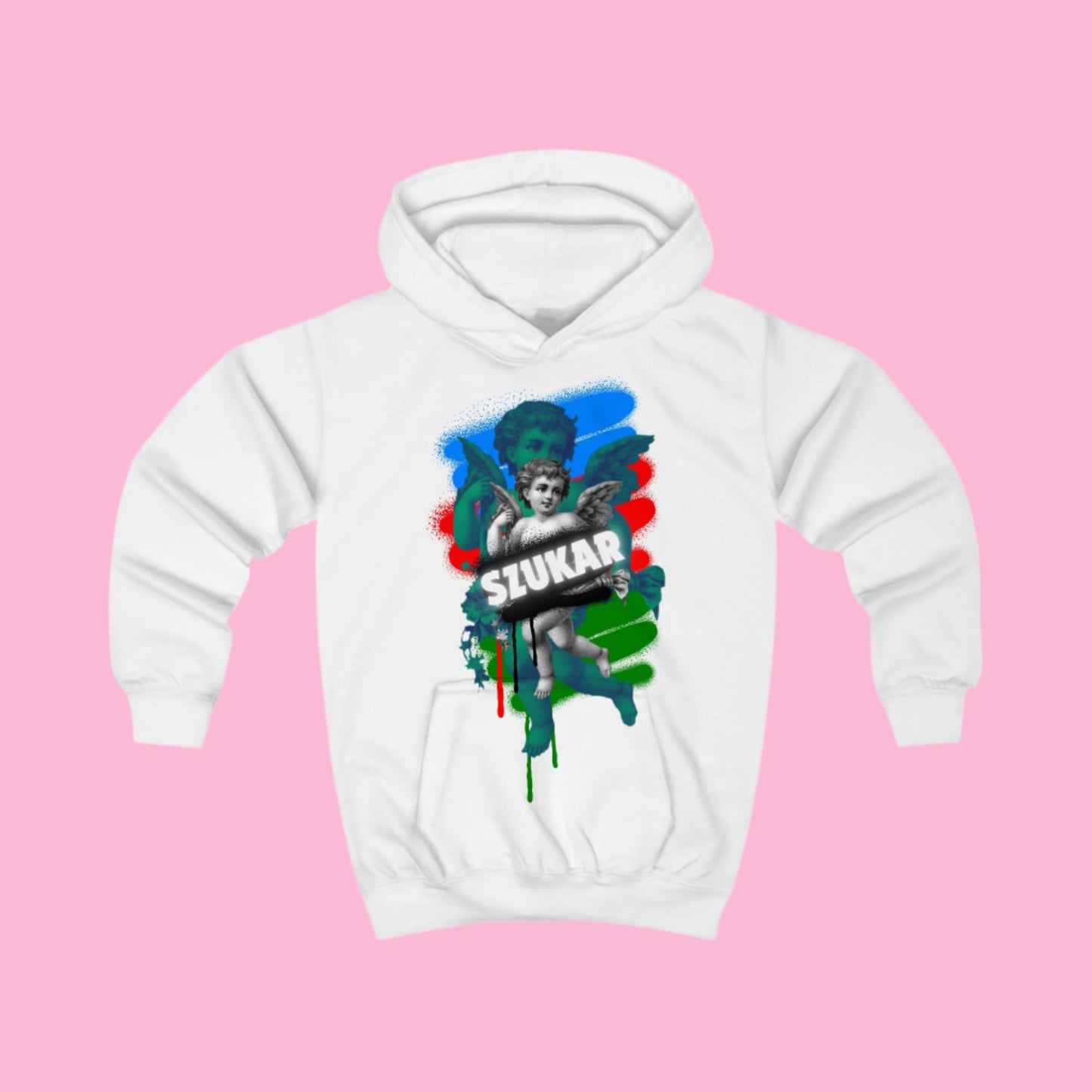 White kids’ hoodie with SZUKAR text and angel framed by Roma flag elements