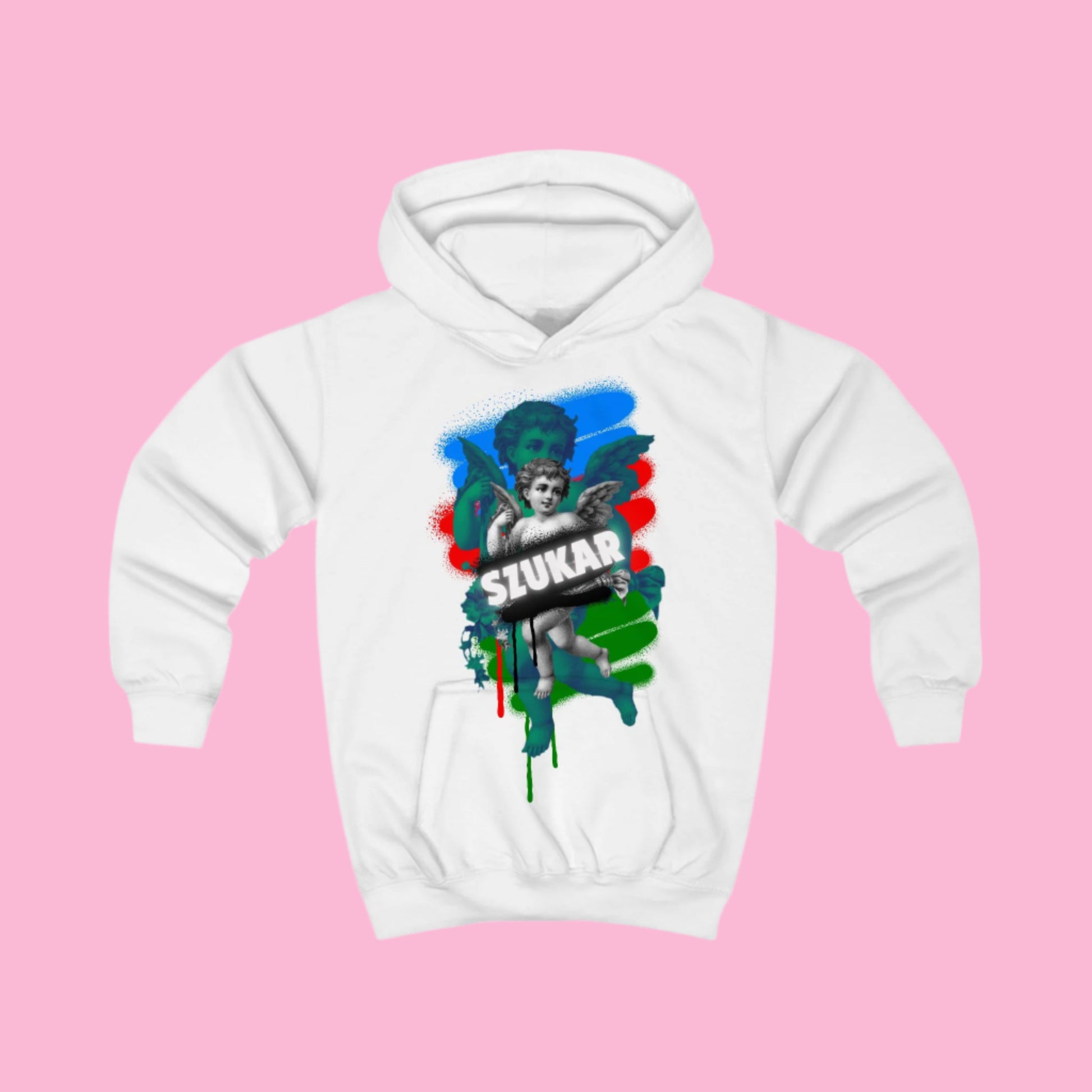 White kids’ hoodie with SZUKAR text and angel framed by Roma flag elements