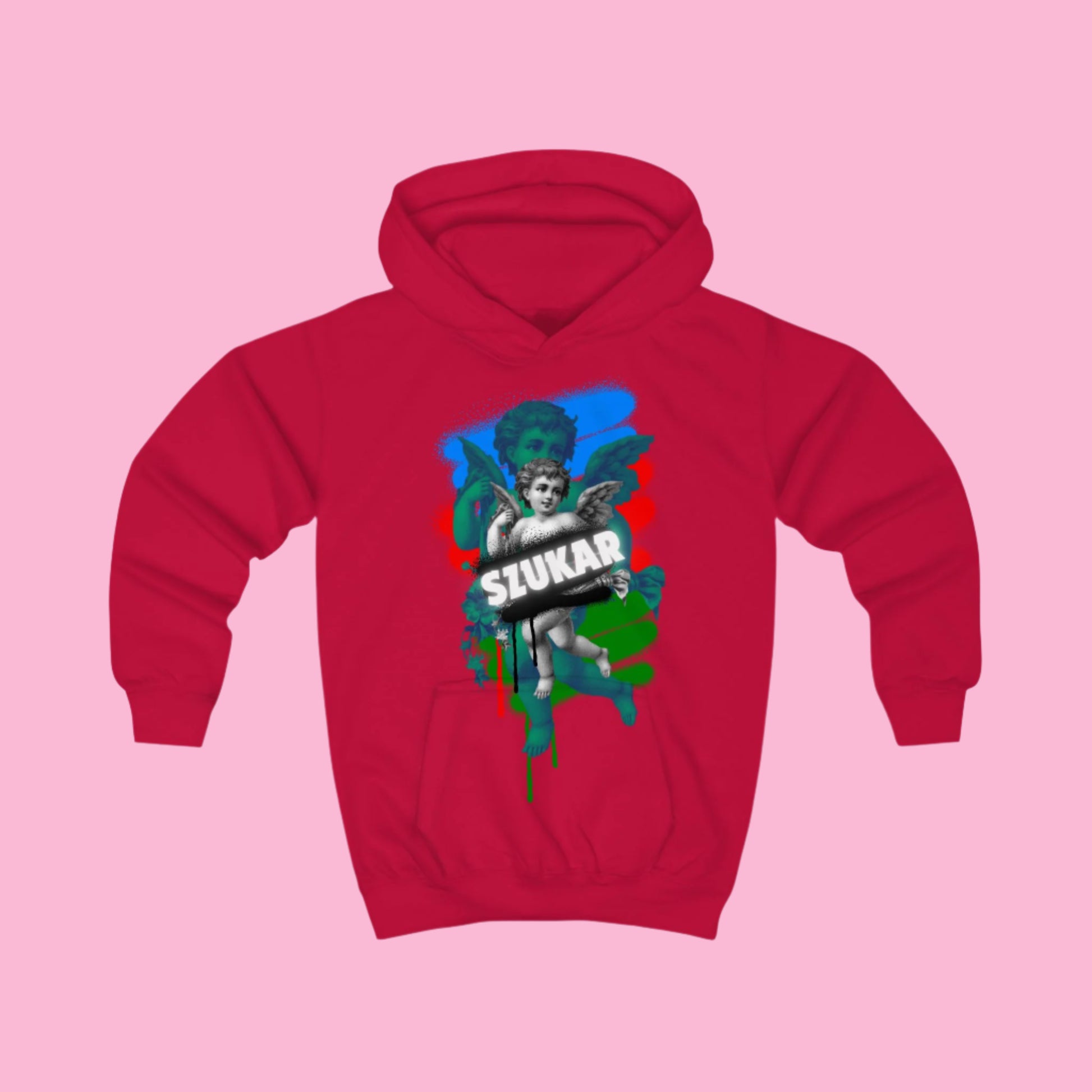 Children’s red hoodie featuring angel artwork framed by blue, red, green, and white accents