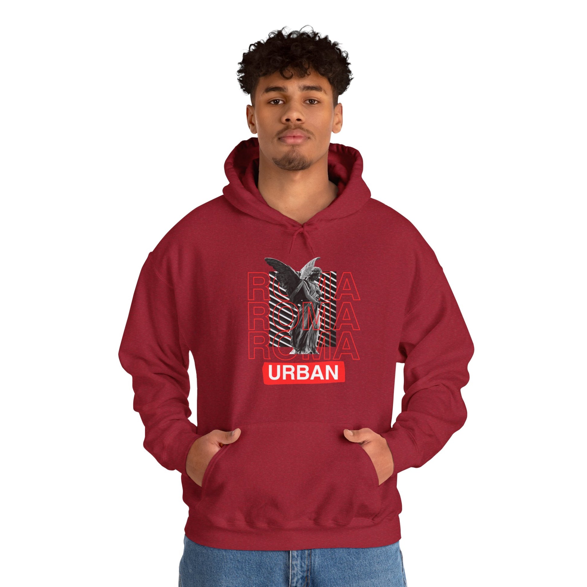 Minimalist streetwear hoodie with a statue silhouette overlaying ROMA text and subtle “URBAN” base.
