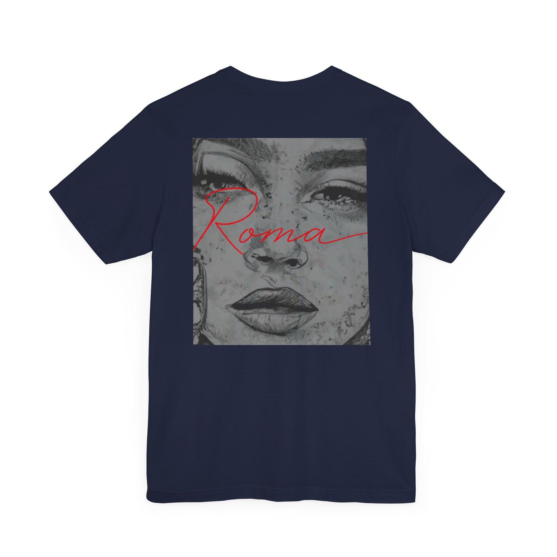 Stylish black tee adorned with a statue of Roma front and center, ‘ATTENTION’ text integrated into the background, and ‘Roma’ text positioned neatly at the bottom.