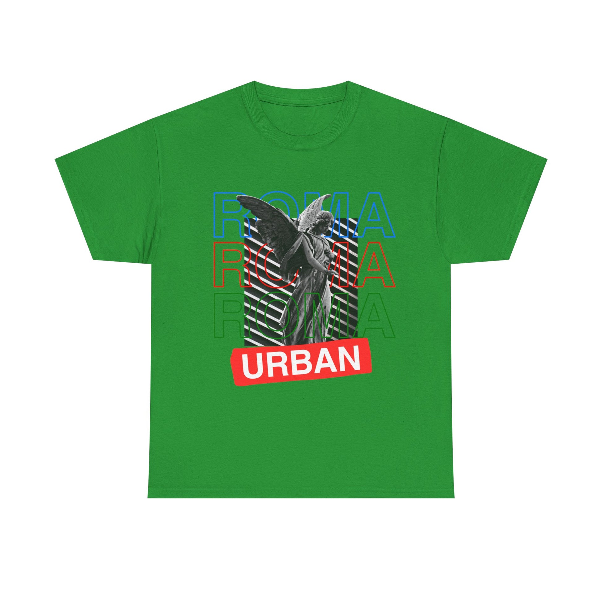 Graphic T-shirt showing angel sculpture art with modern “ROMA” lettering repeated in the background.

