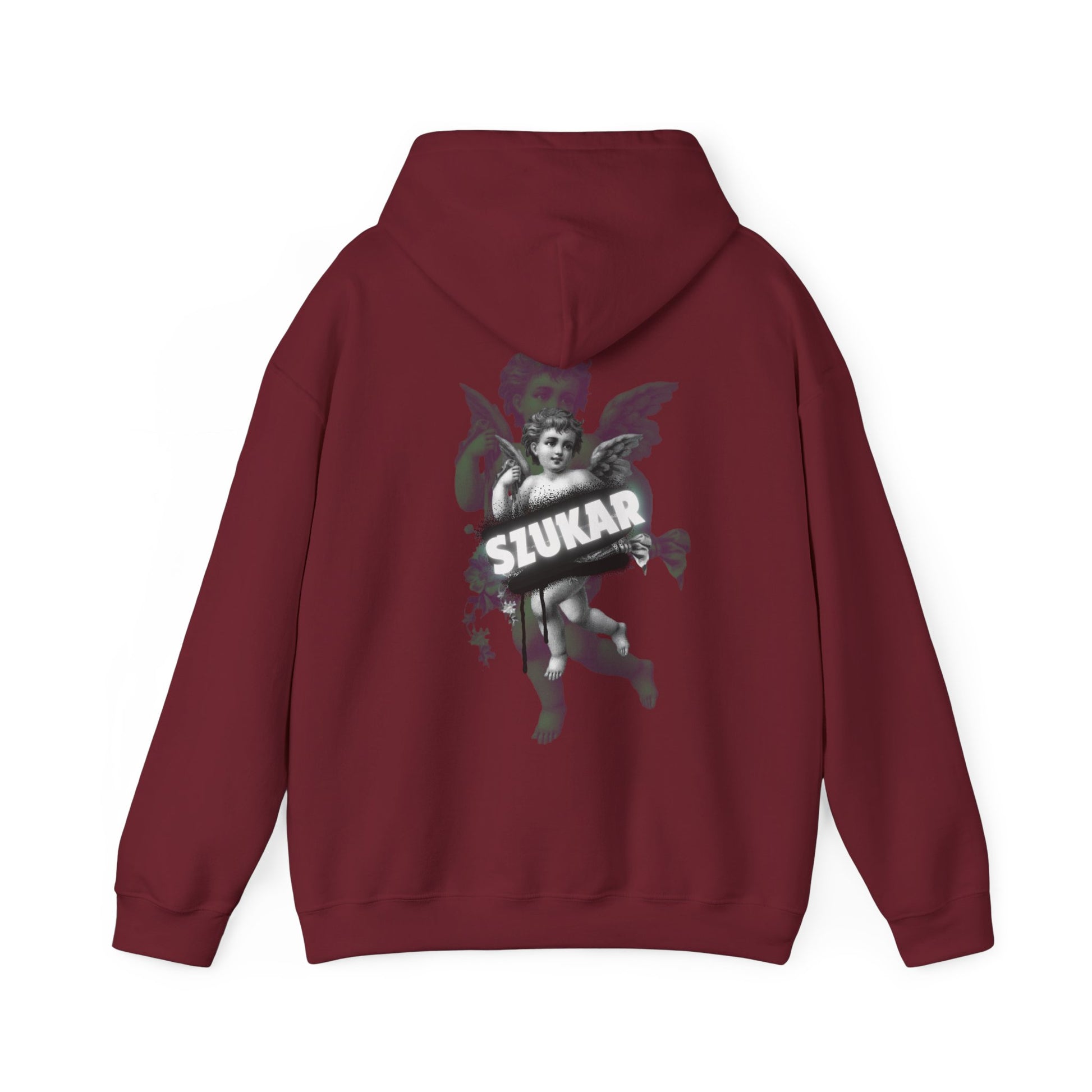 Comfortable hoodie displaying a detailed angel graphic and ‘SZUKAR’ lettering.