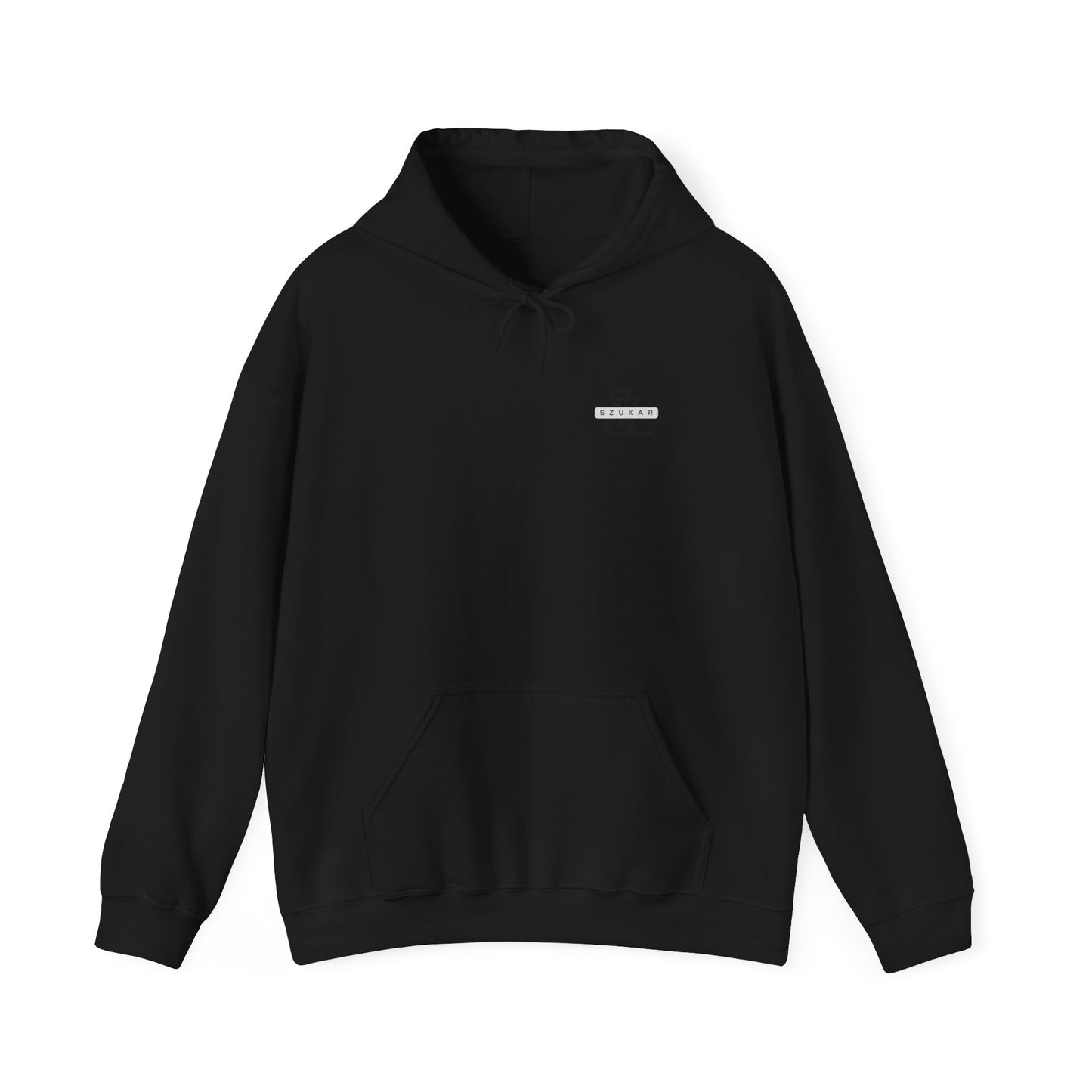 Casual men’s hoodie showcasing large SZUKAR text for a standout streetwear look.