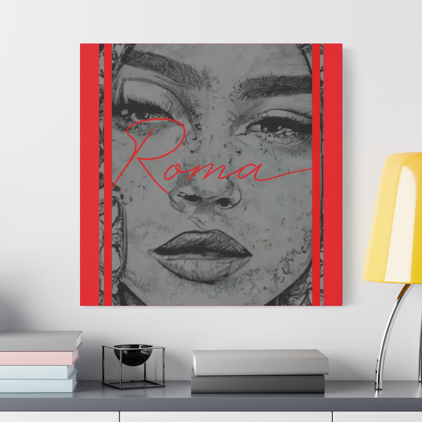 Soft yet intense artwork on canvas showing a girl’s sorrowful expression, with ROMA text anchoring the visual emotion.