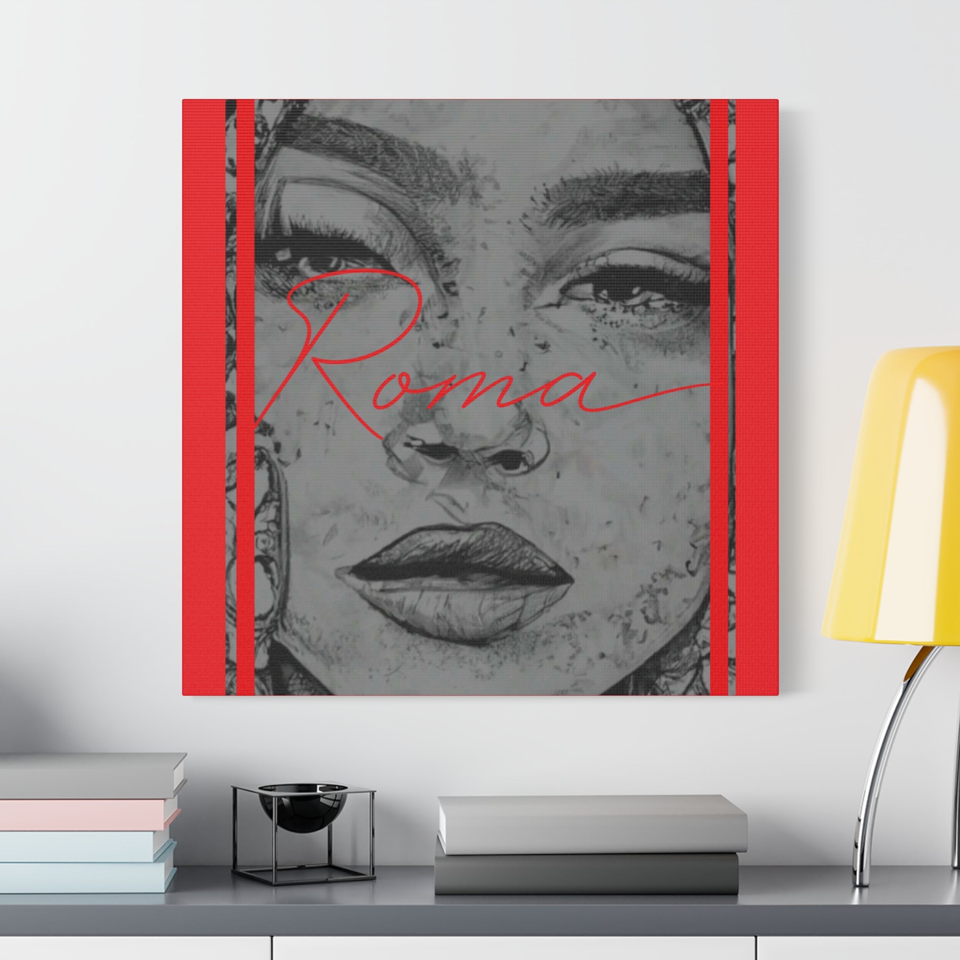 Soft yet intense artwork on canvas showing a girl’s sorrowful expression, with ROMA text anchoring the visual emotion.