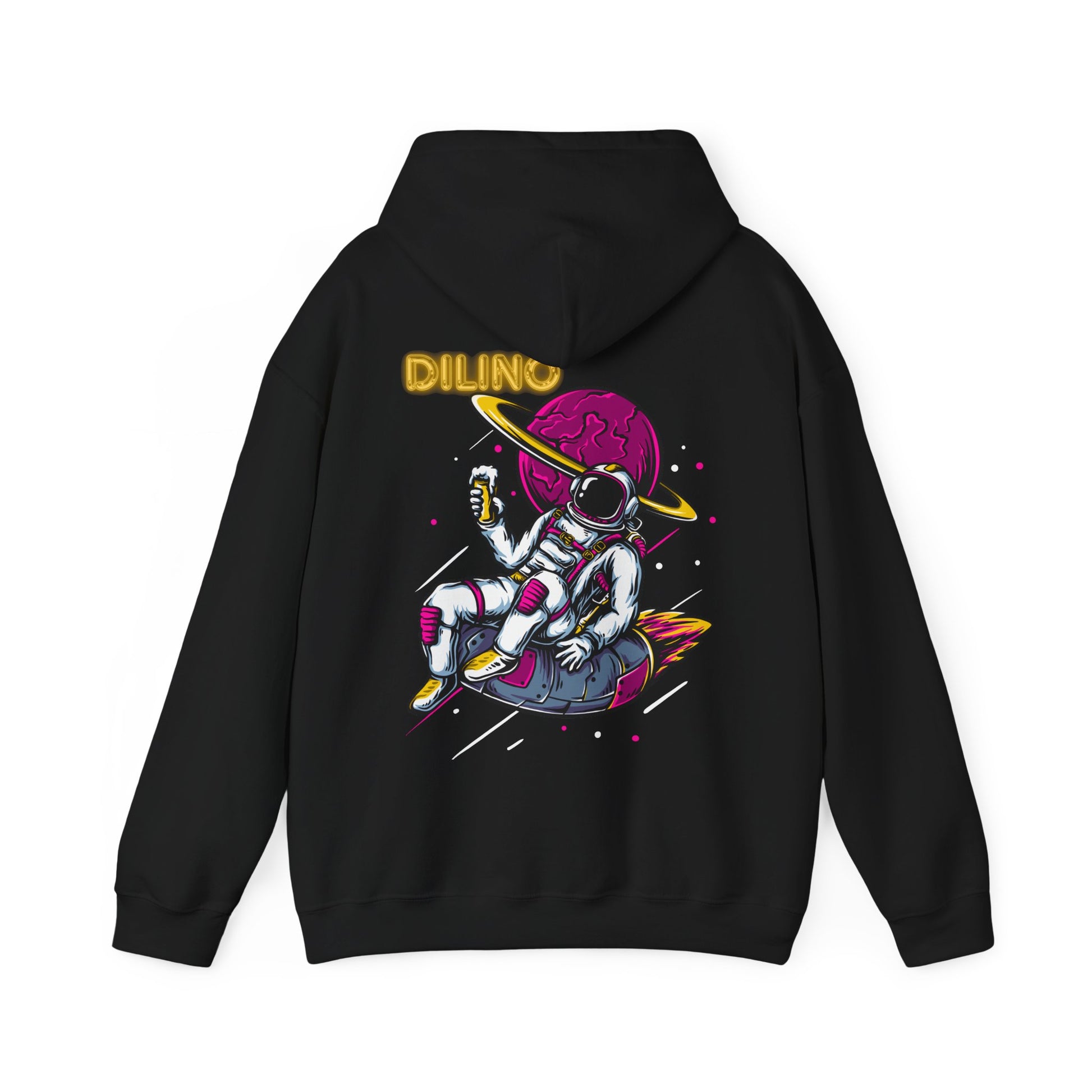 Sleek, black hoodie with grayscale astronaut and moon design, centered with bold serif “DILINO” text for a modern cosmic feel.

