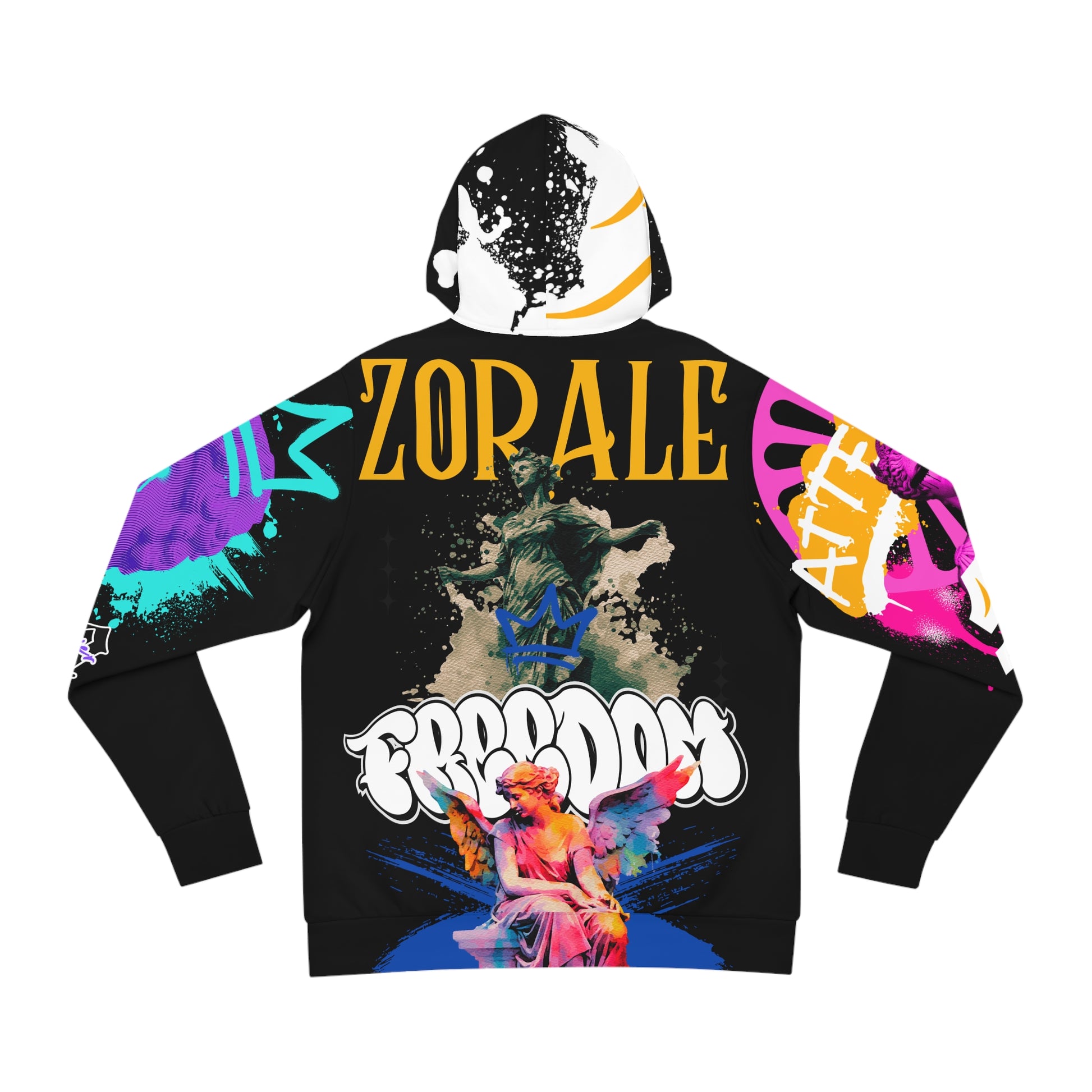 All-over print hoodie showcasing ZORALE and FREEDOM text intertwined with Roma statue graphics across the fabric.

