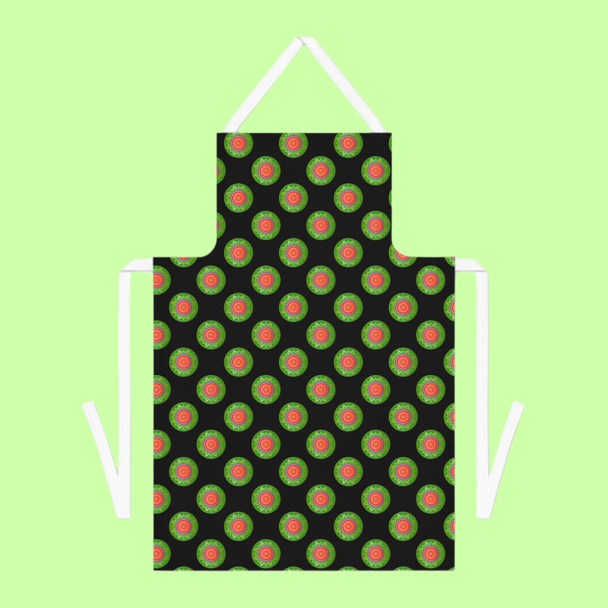 Full-length apron with edgy design and adjustable white ties for adults.