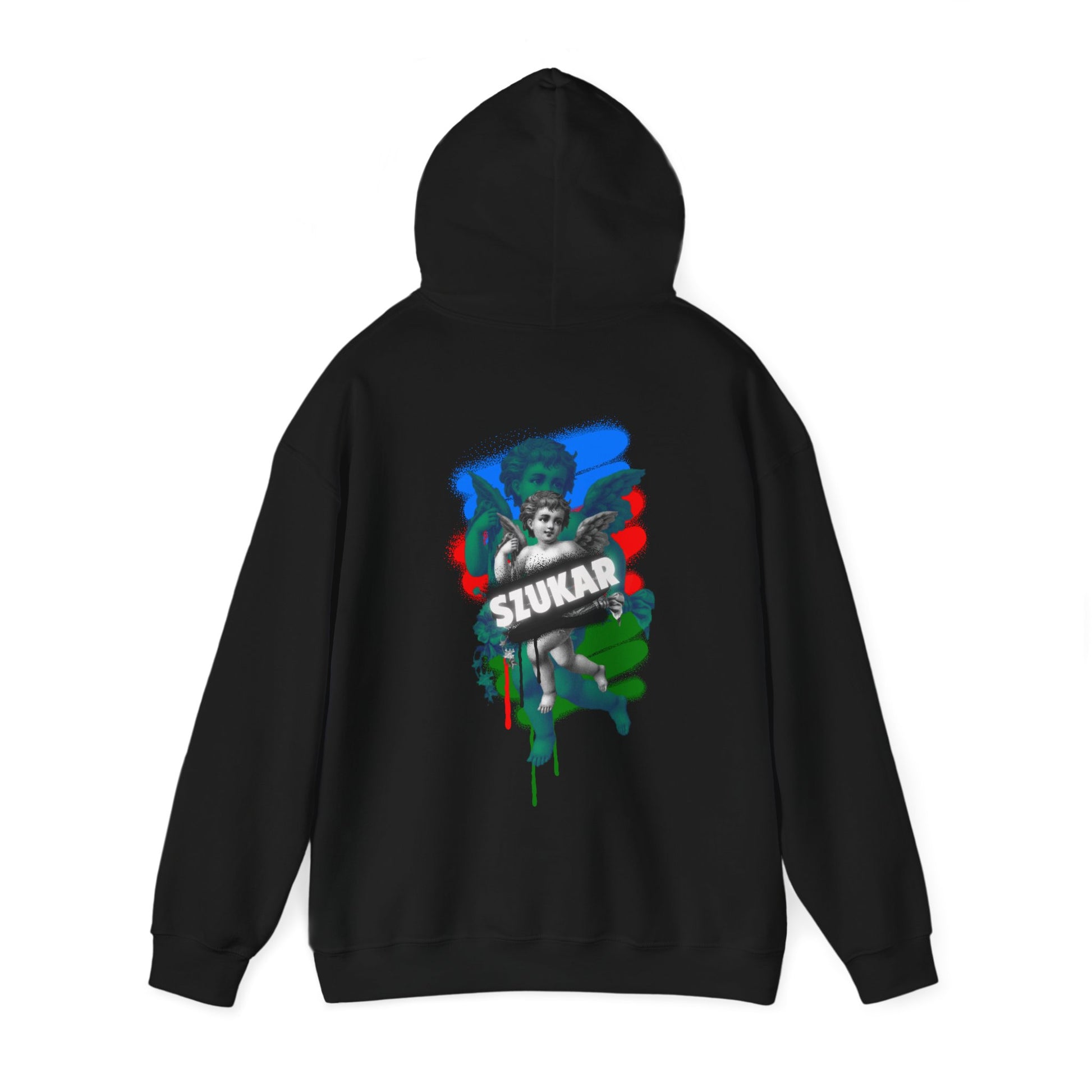 Unisex BLACK  hoodie with bold ZORAL ROMA branding and detailed angel artwork