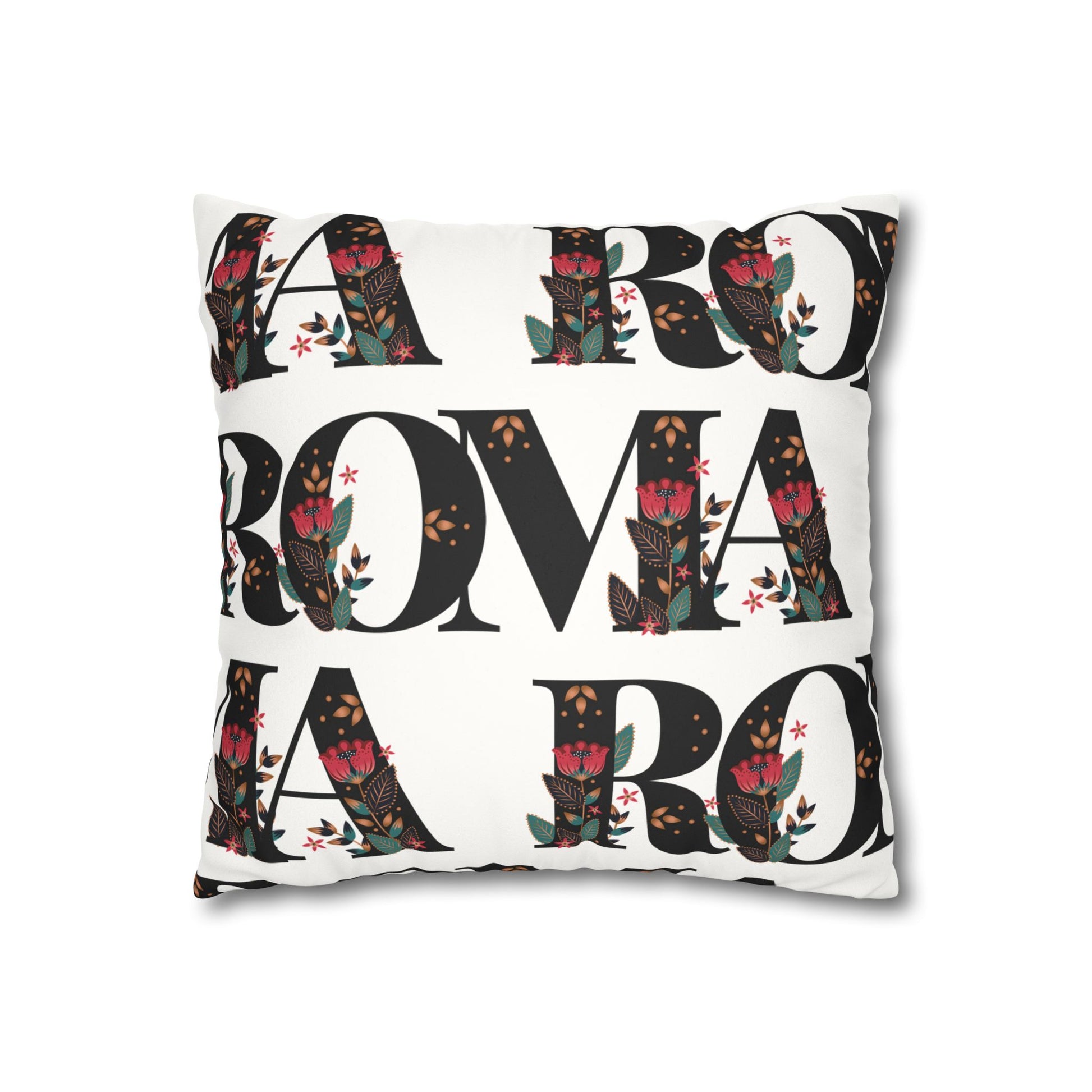 Minimalist white pillow featuring oversized ROMA lettering in modern font.
