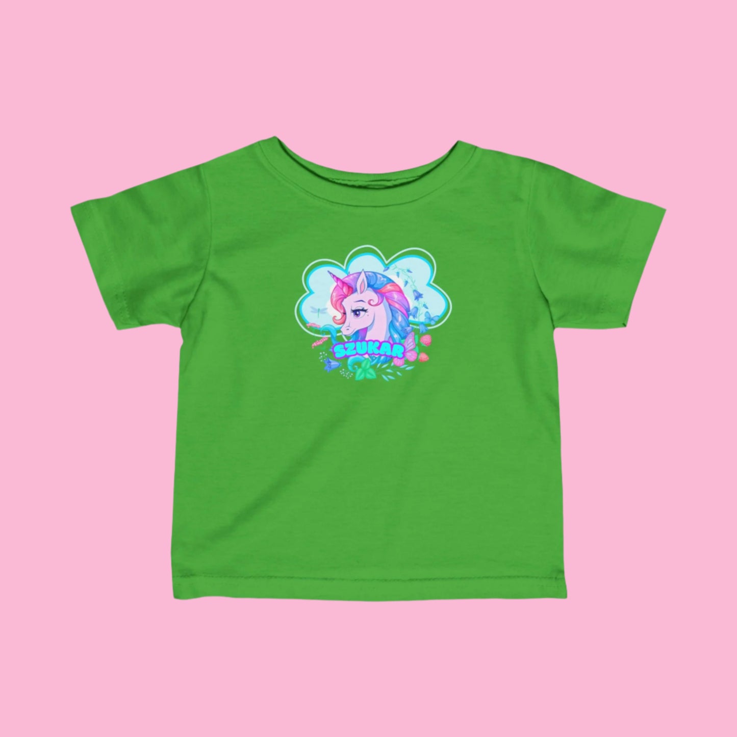 Short sleeve green T-shirt for kids with Unicorn design.