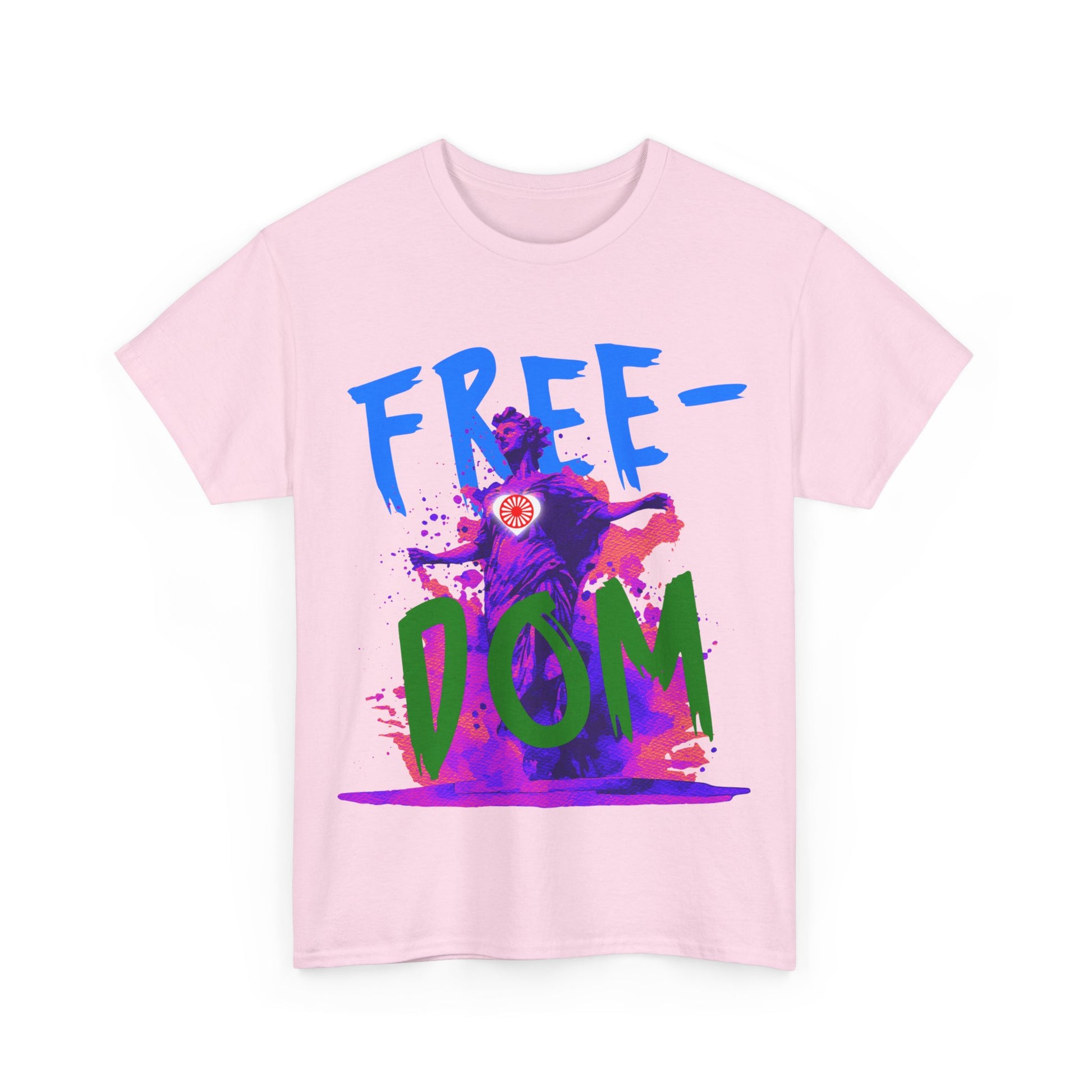 Minimalist t-shirt with a powerful statue image and the word “FREEDOM” prominently displayed.

