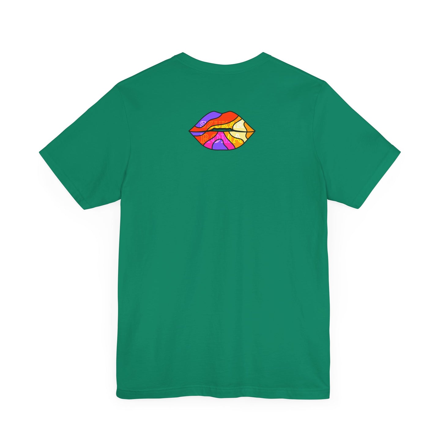 Vibrant tee with artistic lips and barely visible SUKAR ROMA script, camouflaged in the design