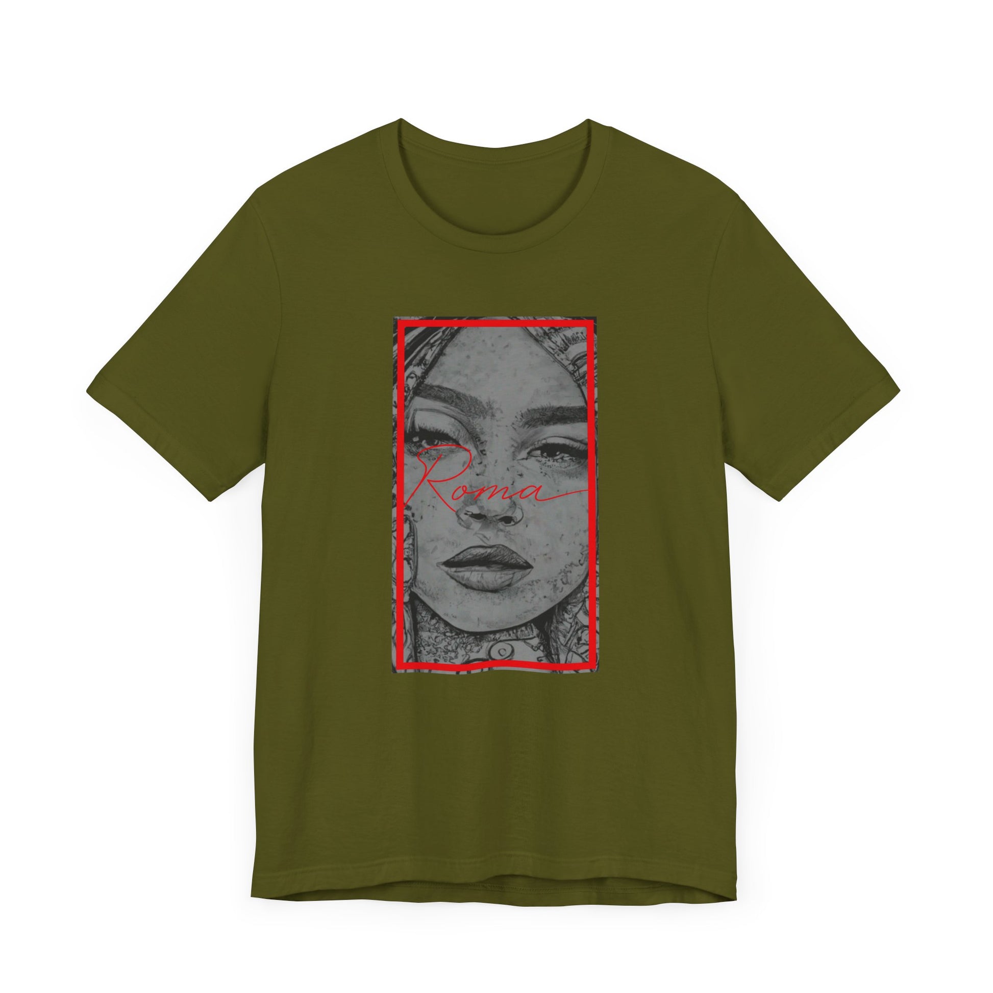 Urban style t-shirt with the Roma statue illustration, ‘ATTENTION’ text as background, and ‘Roma’ text positioned below for contrast.