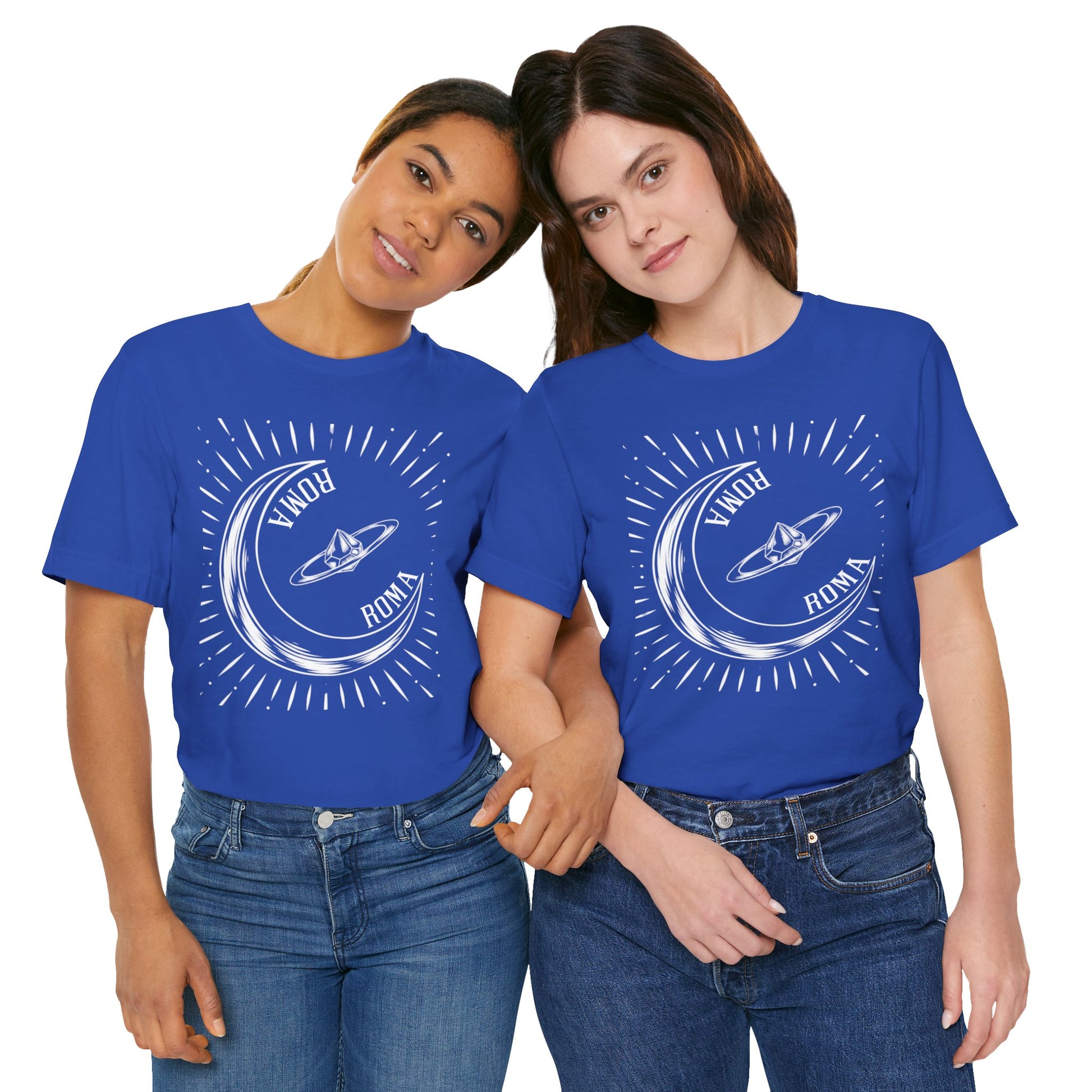 Royal Blue T-shirst Roma Designs  cotton tee with a white ROMA label and dreamy moon motif.