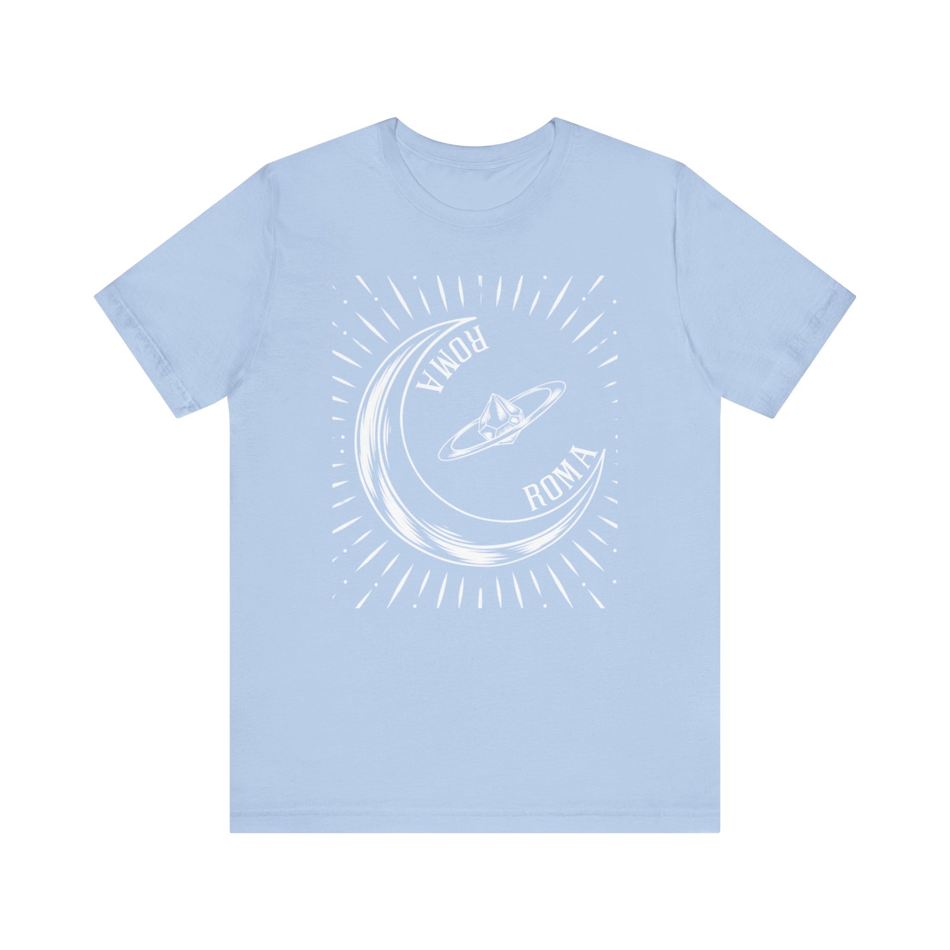 Roma-themed tee with surreal moon design and minimalistic ROMA label