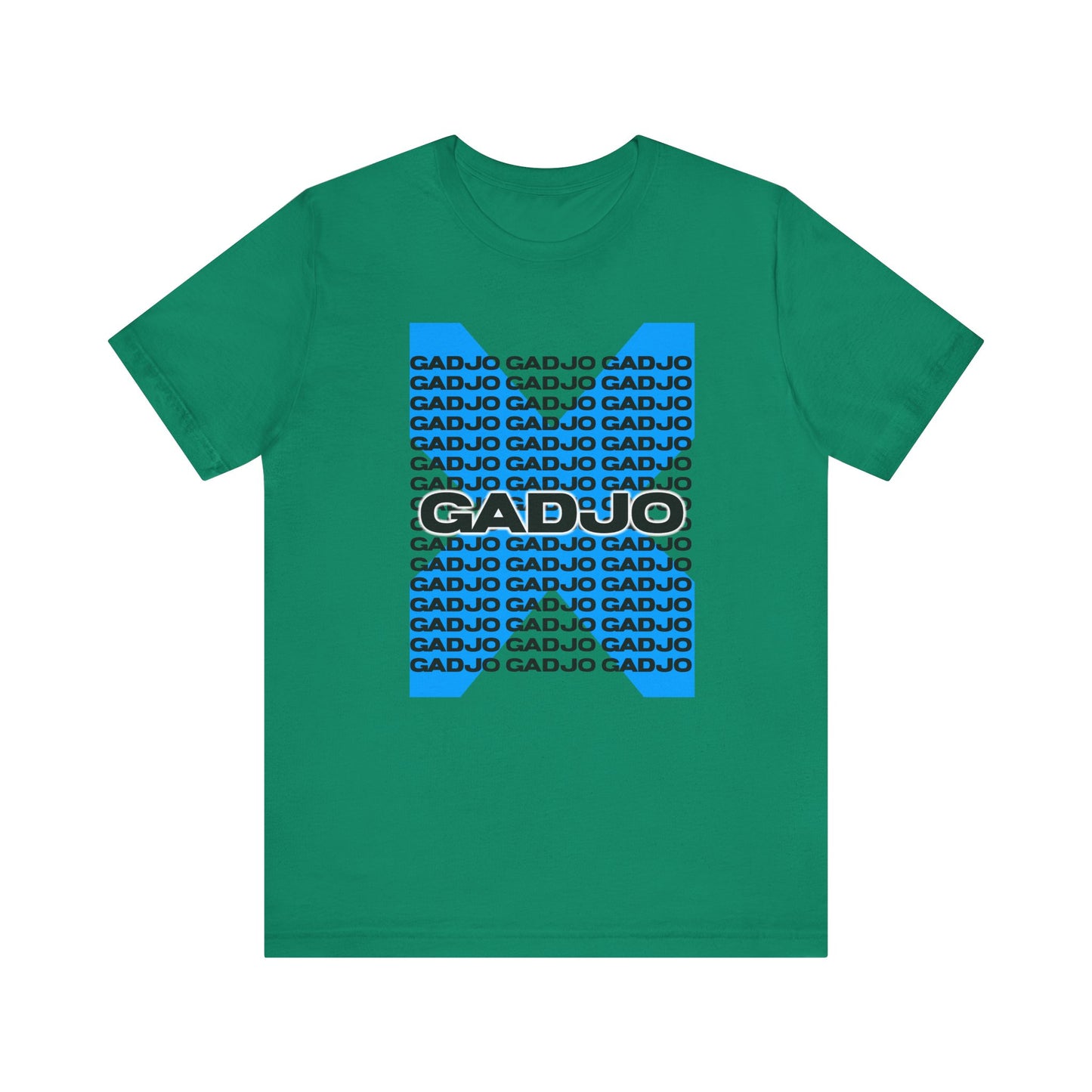 T-shirt with split design—half solid color, half patterned—with GADJO text overlay.