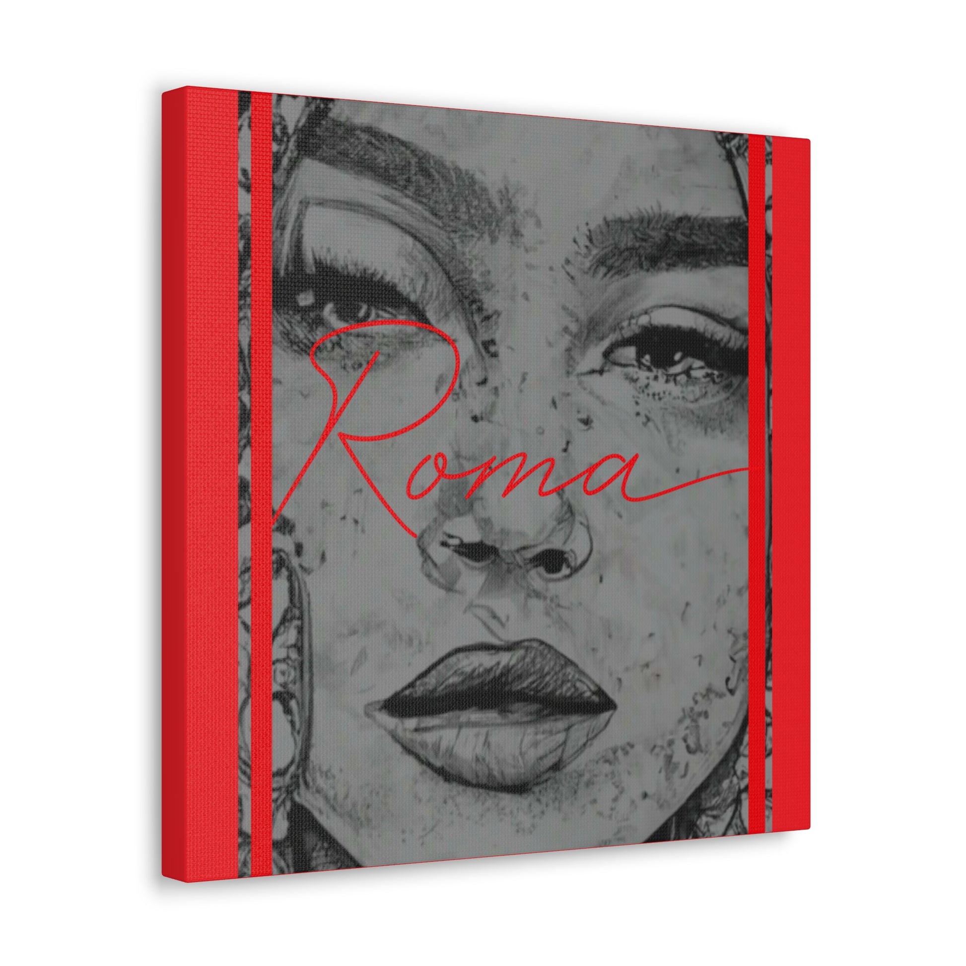 High-impact portrait canvas with a young girl’s expressive face and stylized ROMA text symbolizing heritage and depth.
