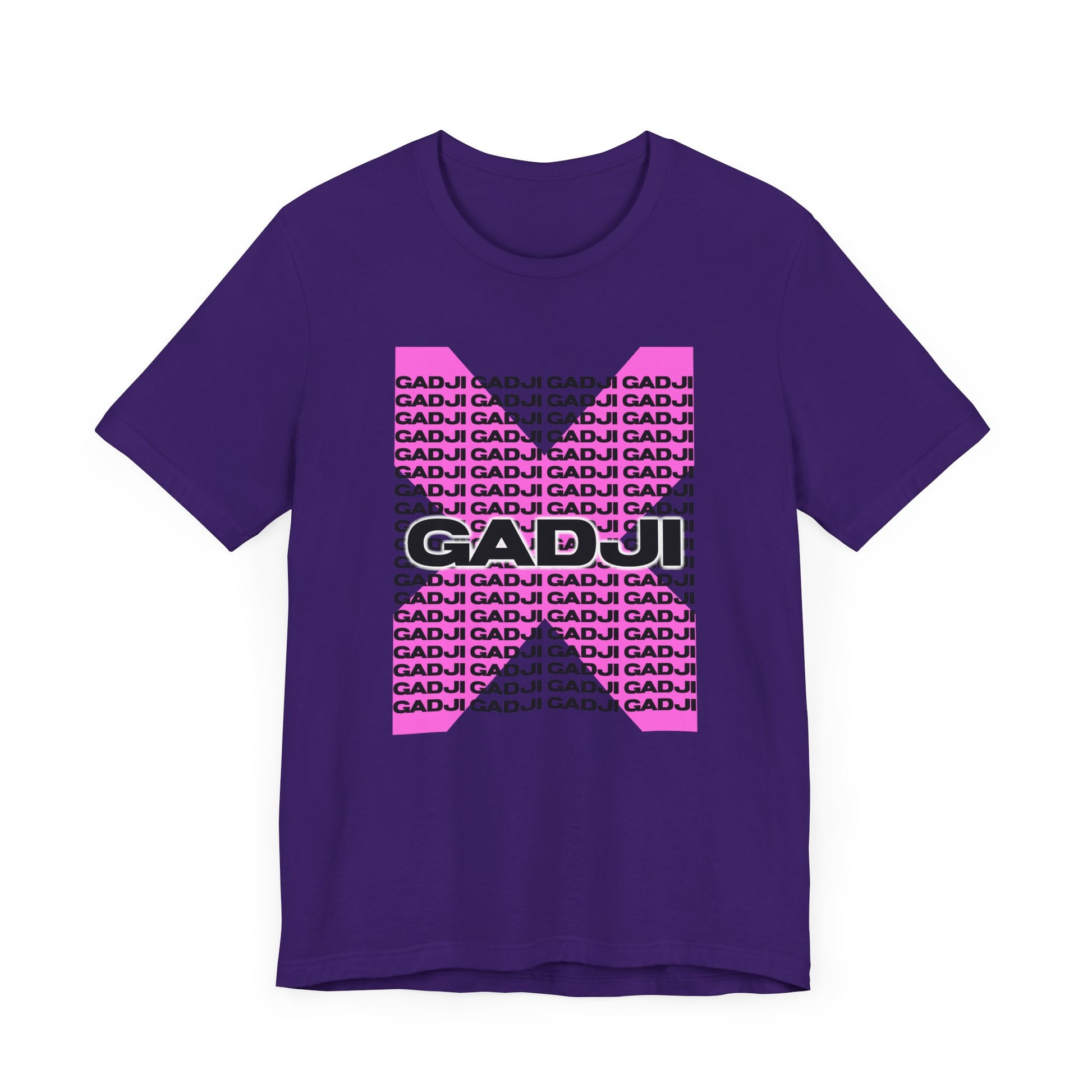 Heather gray short sleeve t-shirt with bold GADJI lettering in Roman serif font.