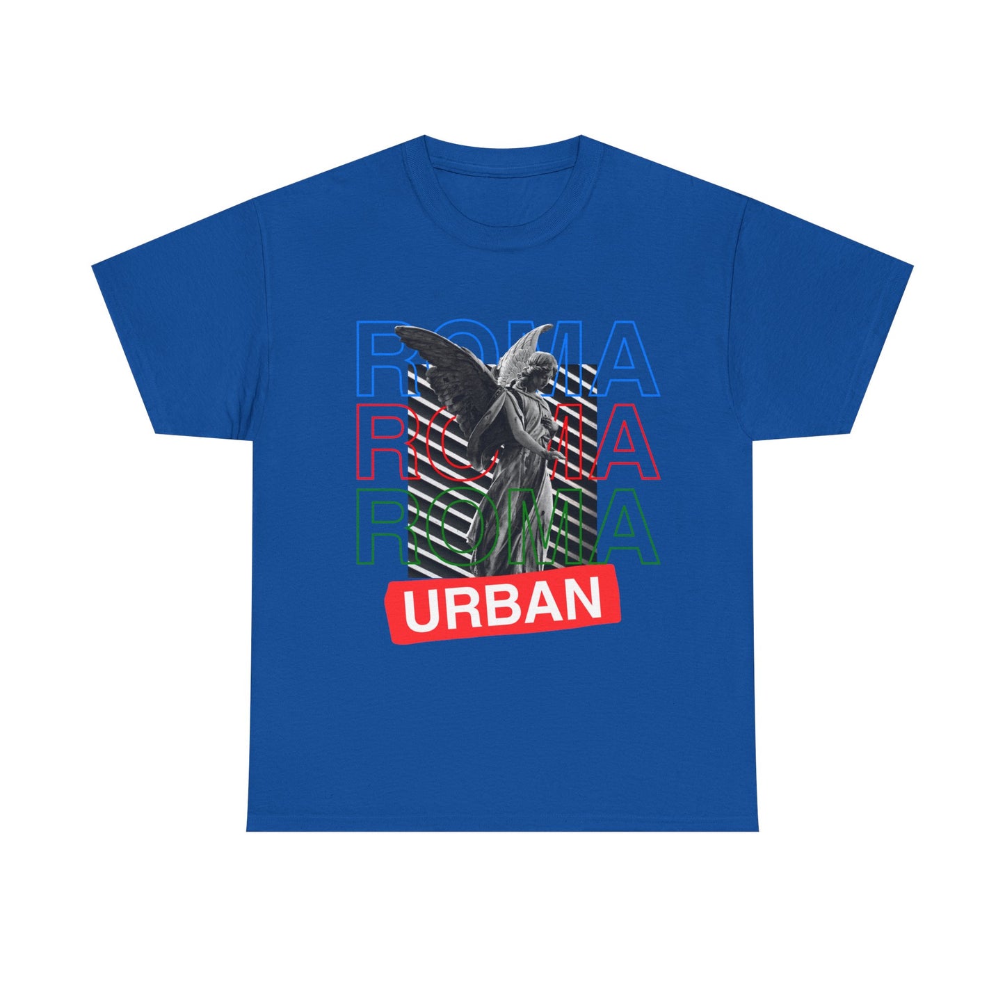 Statue-inspired T-shirt with sketch of angel, stacked “ROMA” behind, and “urban” word at bottom.
