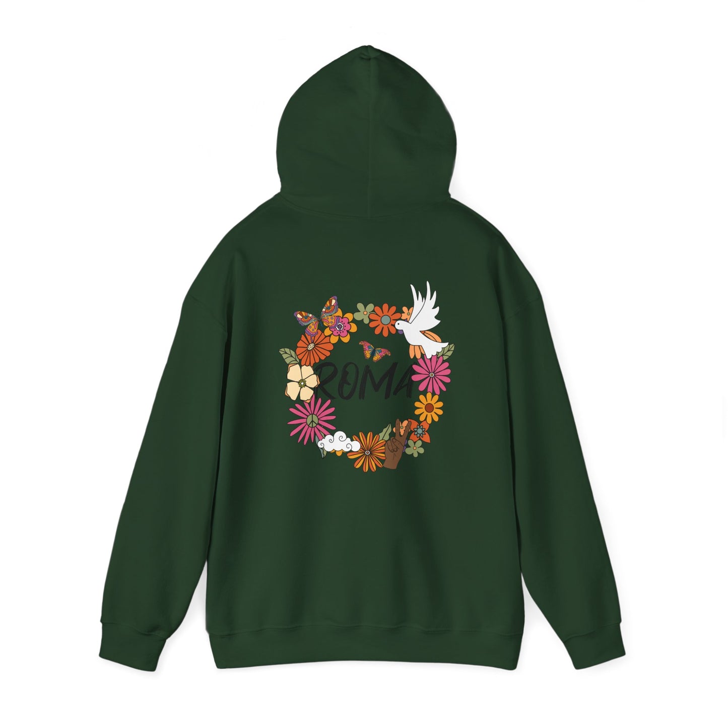 Comfortable hoodie with a floral wreath encircling a dove, enclosing “ROMA” text in the center.