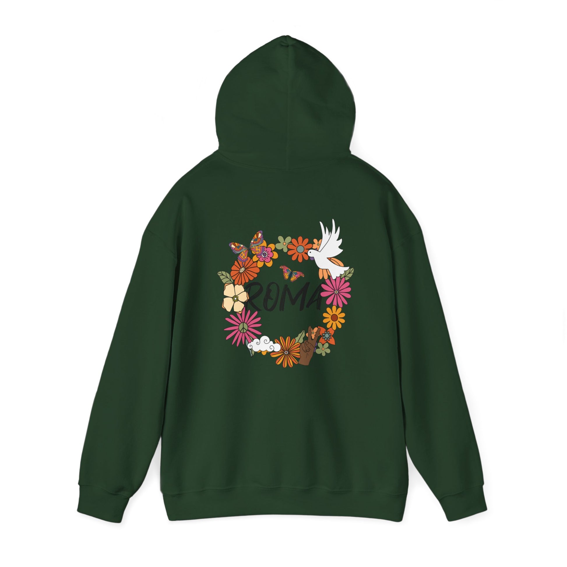 Comfortable hoodie with a floral wreath encircling a dove, enclosing “ROMA” text in the center.