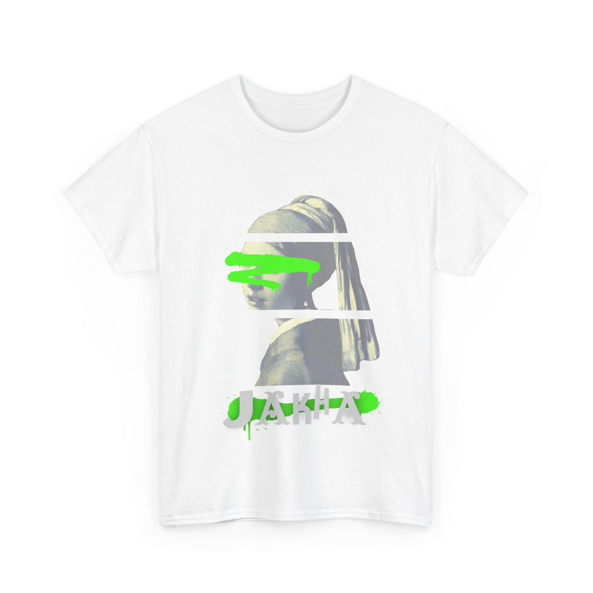 white short sleeve tee with front angel artwork and white text