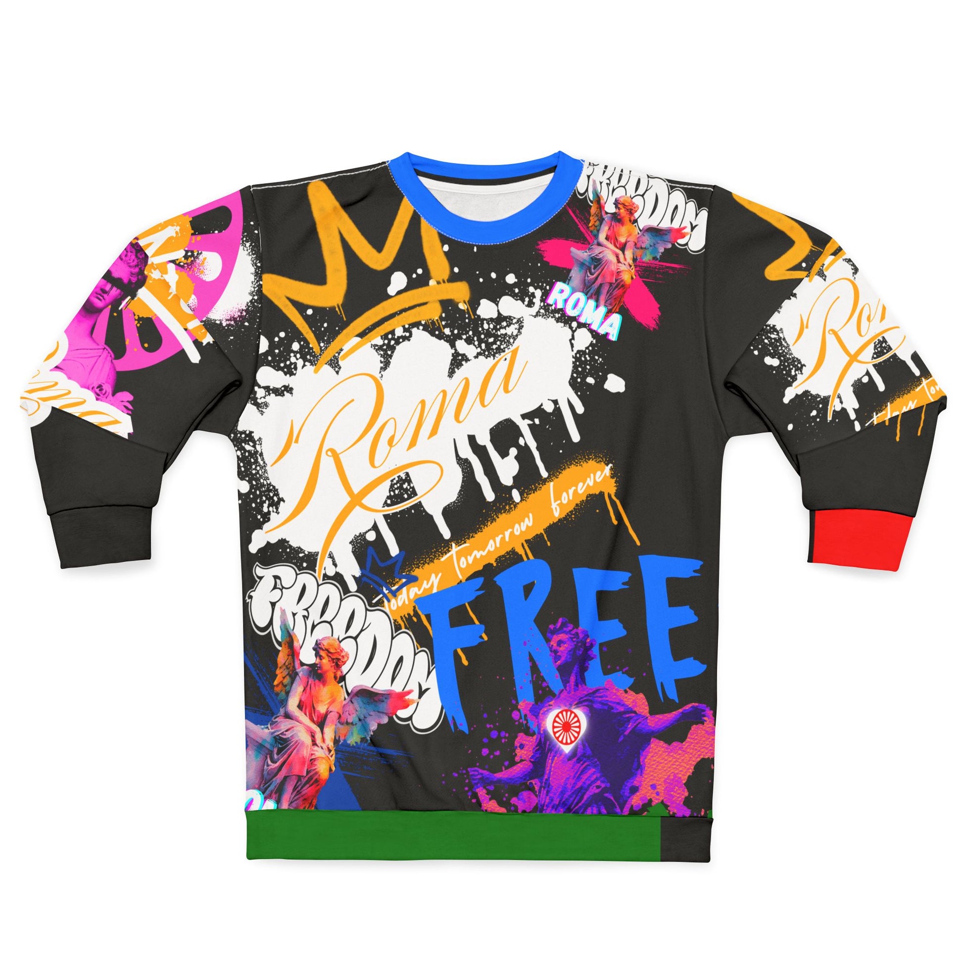 Statement shirt with a vivid crown motif cascading across the full fabric, featuring 'FREEDOM' in script-style font just below the neckline.
