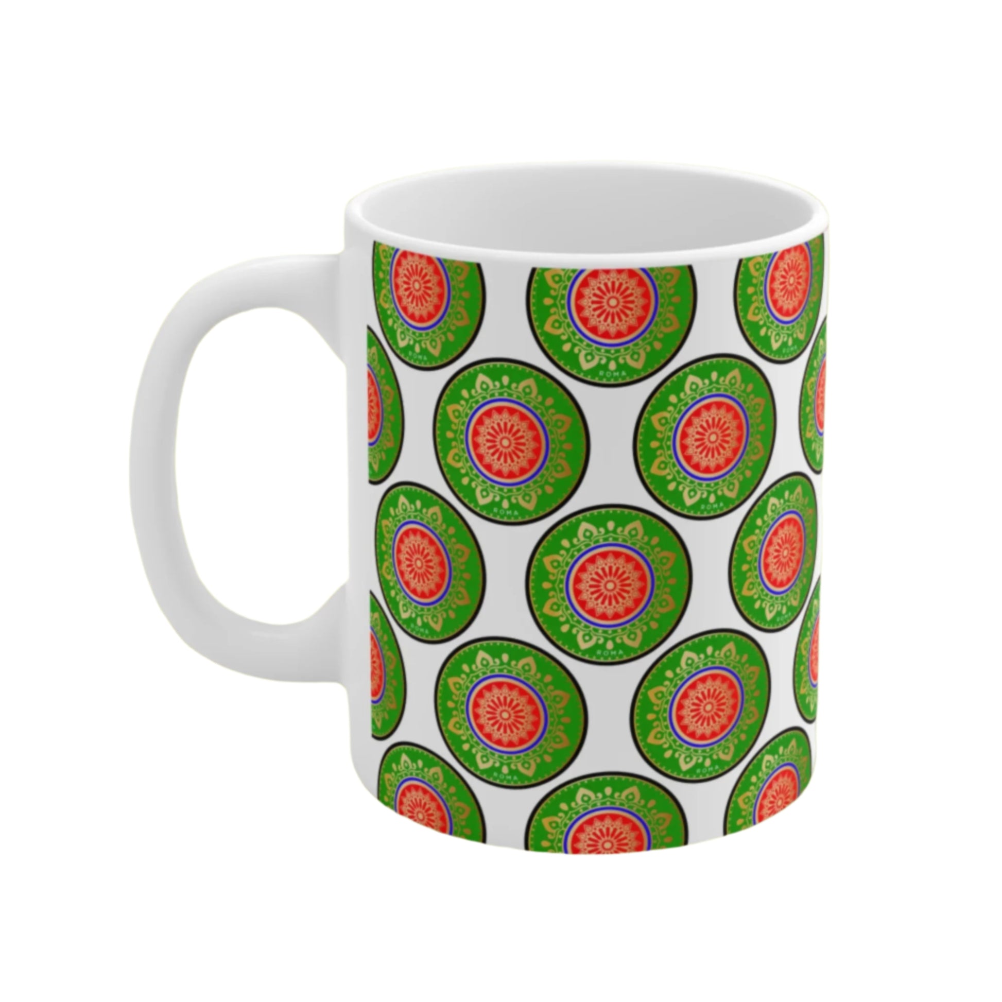 White 11oz mug with edgy Szukar Roma logo — ideal for your daily brew.