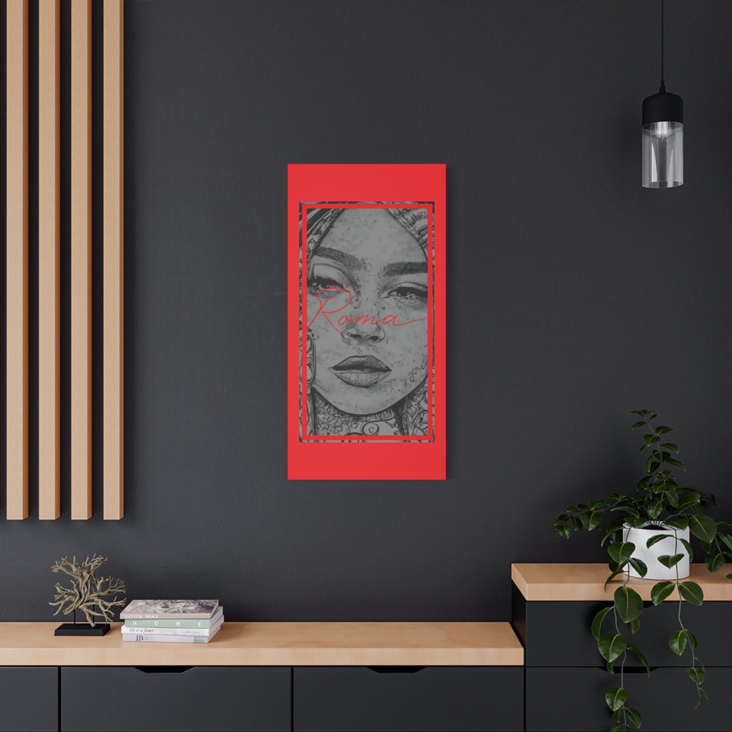 Moody and intimate wall art depicting a girl’s tearful face with striking ROMA lettering in the foreground.