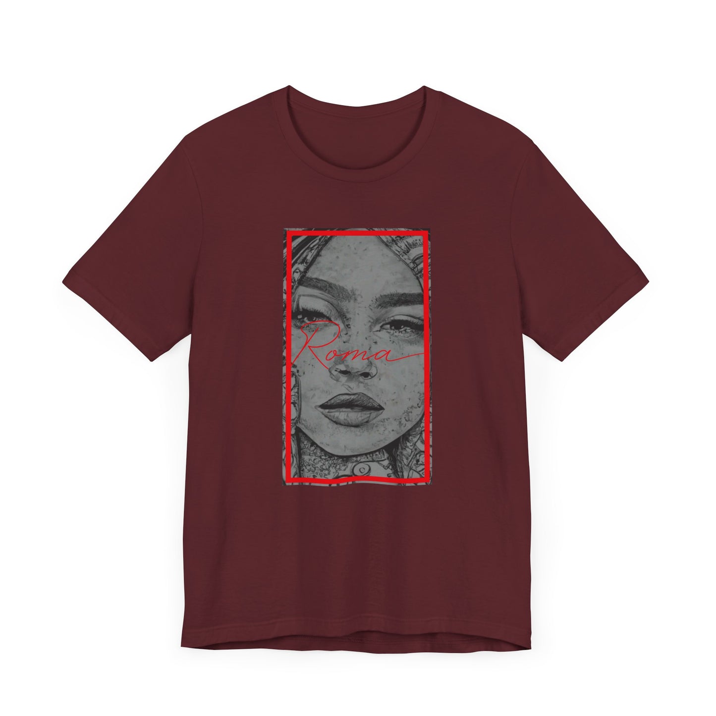 Short sleeve tee with large Roma statue print, 'ATTENTION' text in the background, and 'Roma' text beneath the statue.