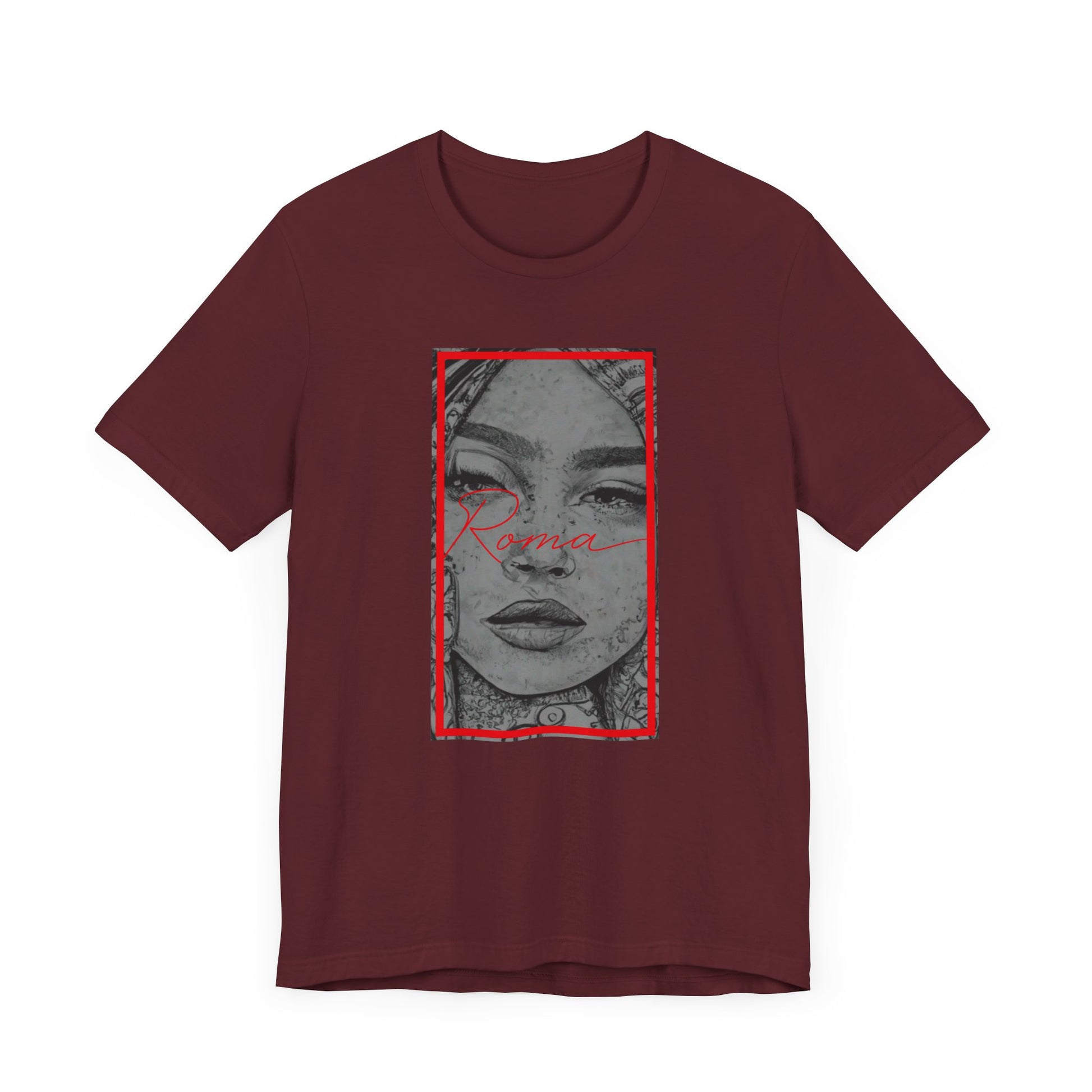 Short sleeve tee with large Roma statue print, 'ATTENTION' text in the background, and 'Roma' text beneath the statue.