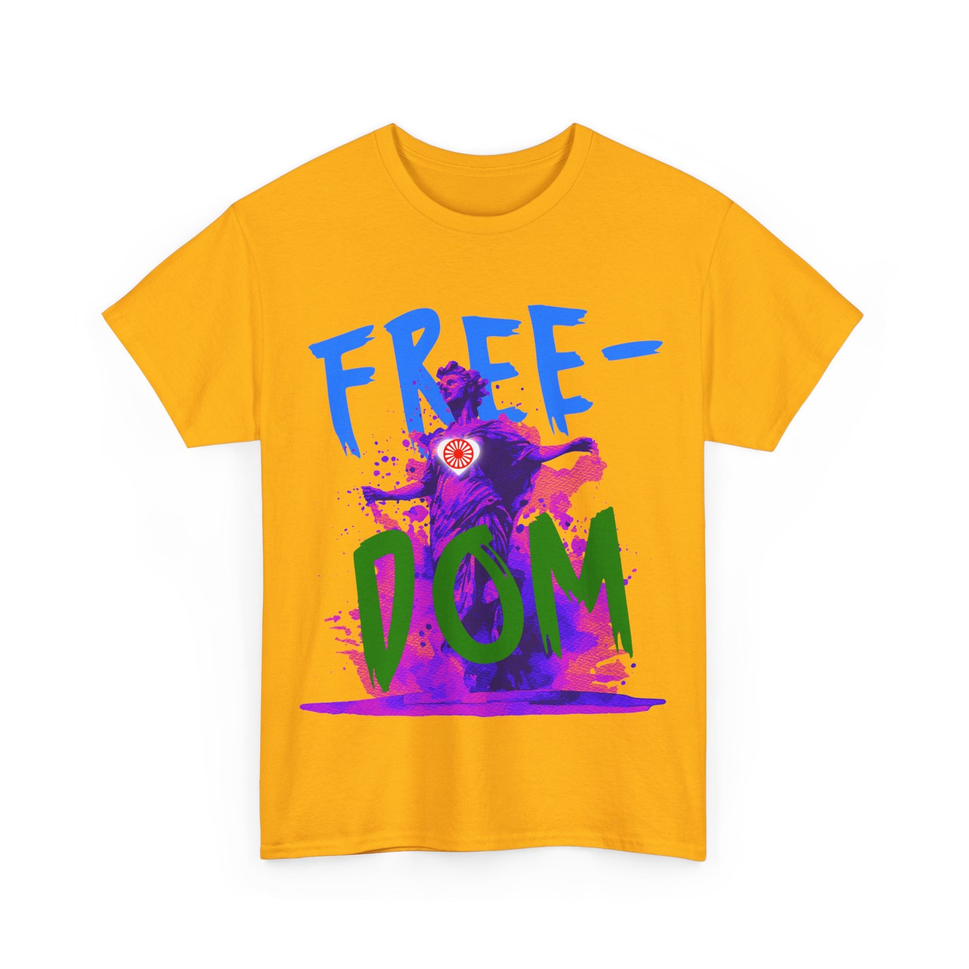 Artistic short sleeve shirt showcasing a textured statue print with the word “FREEDOM.”