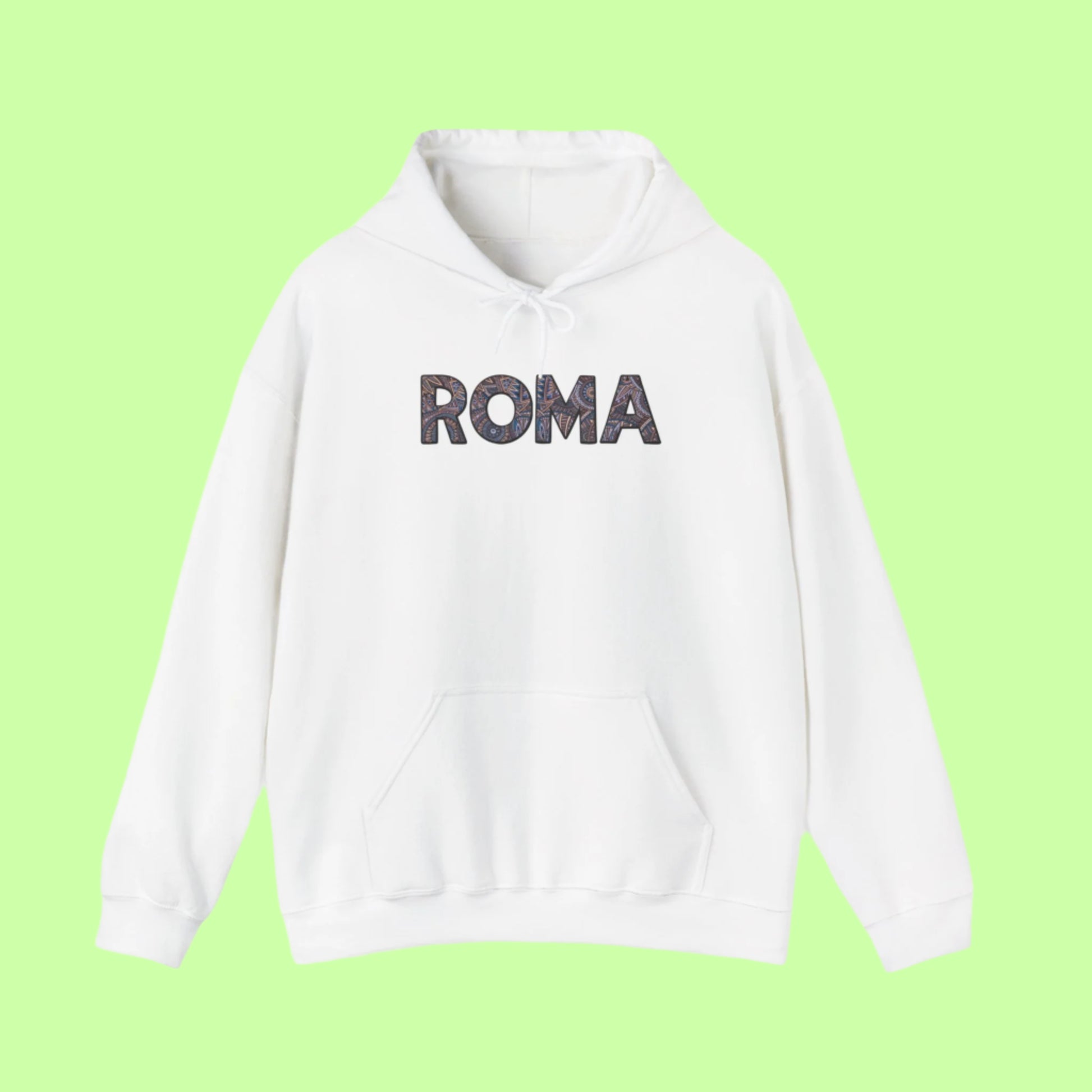 Minimalist men’s hoodie showcasing the ROMA text in a strong, graphic style.