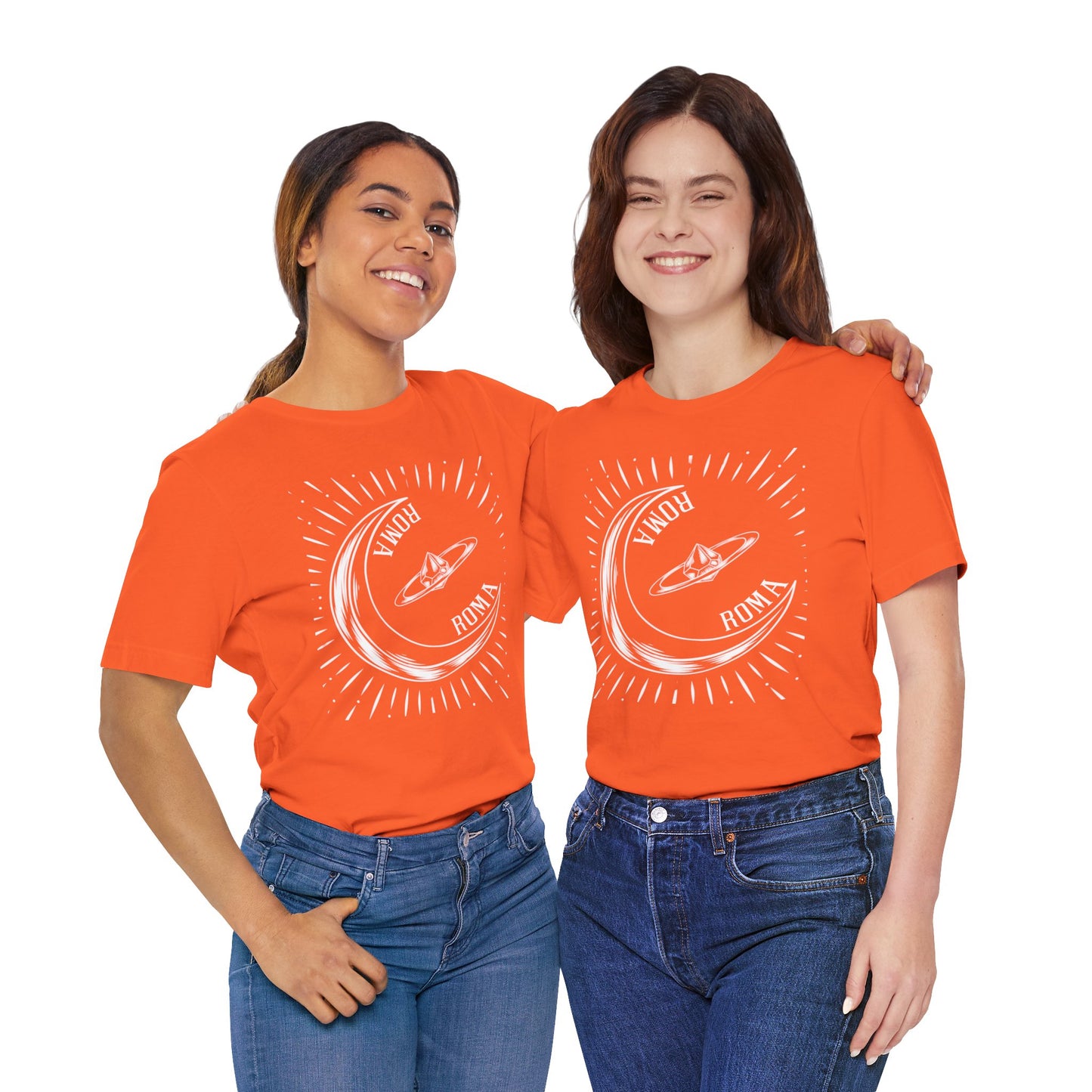 Youthful t-shirt with bold celestial motif and stacked ROMA in uppercase print.