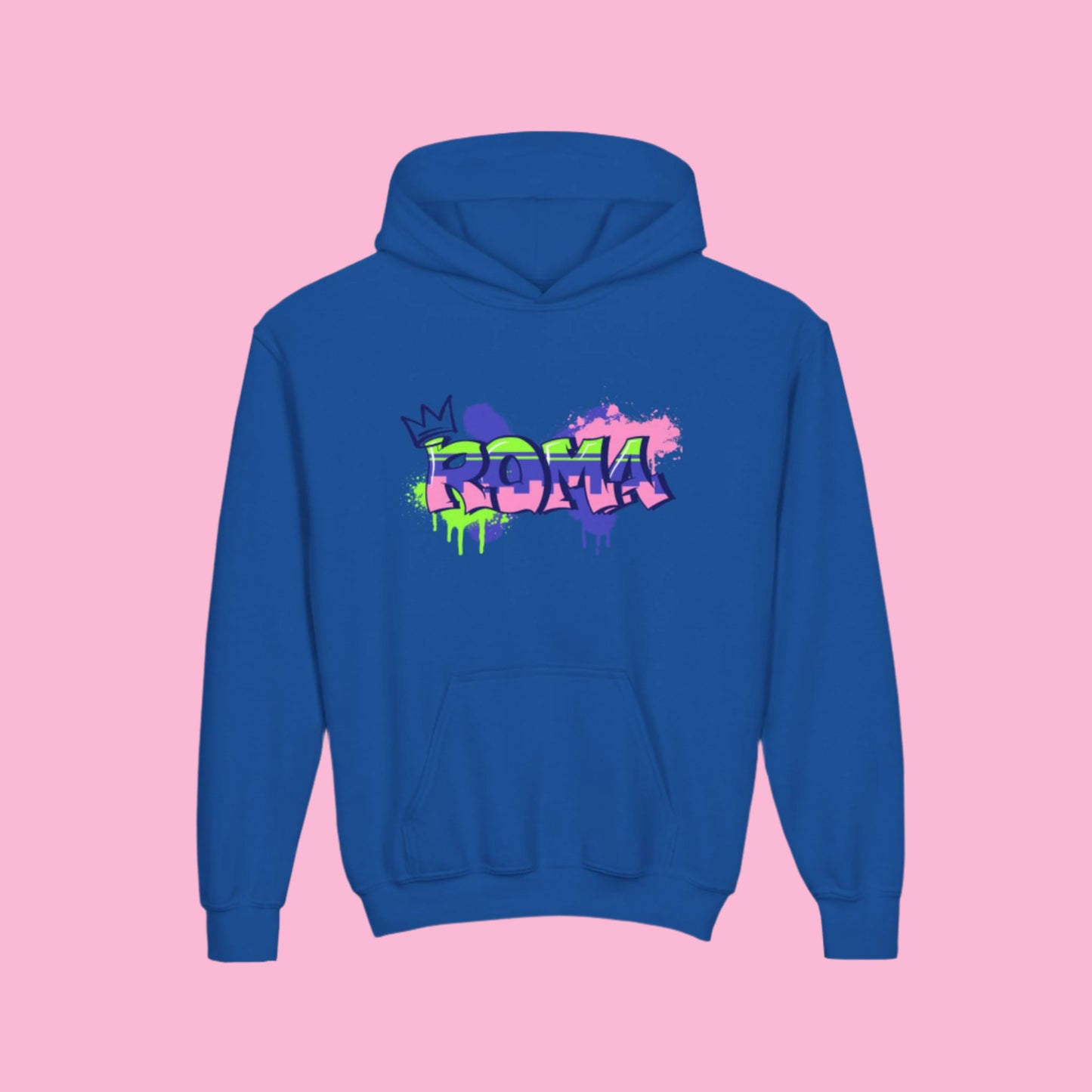 Youth pullover hoodie in solid color with vintage-style ROMA lettering across the front.