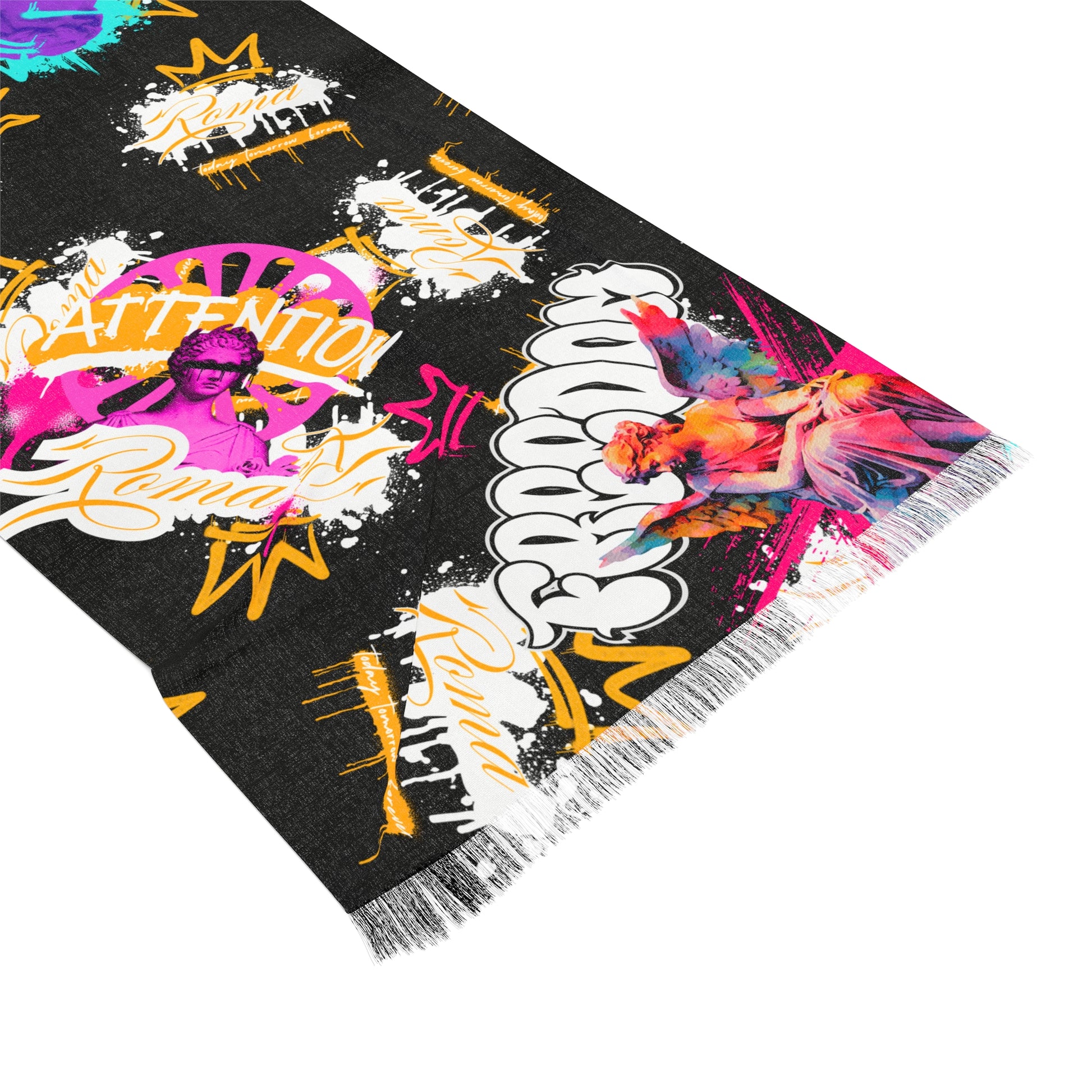 Bold long urban scarf featuring a Roma-inspired angel design with colorful flag elements and ‘SZUKAR designs