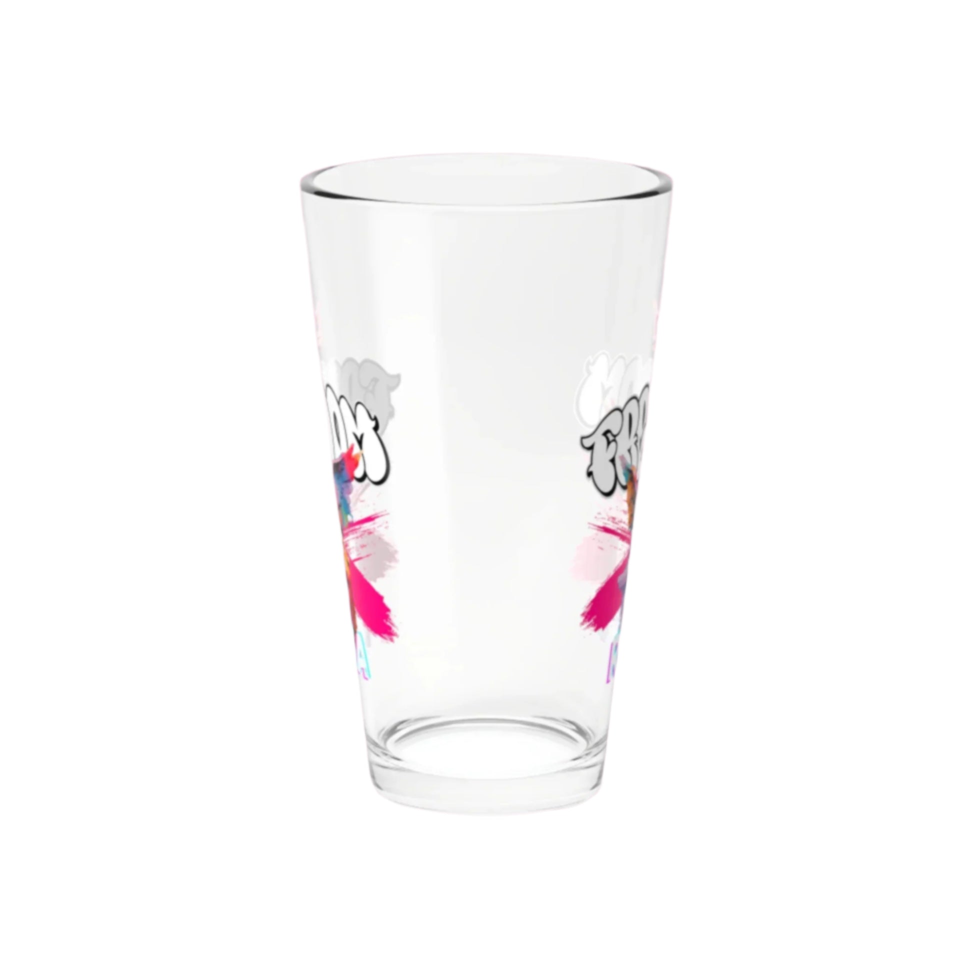 Glass cup adorned with a fairy figure and bold SZUKAR text wrapping around.

