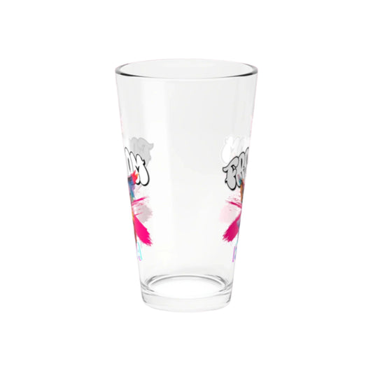 Glass cup adorned with a fairy figure and bold SZUKAR text wrapping around.


